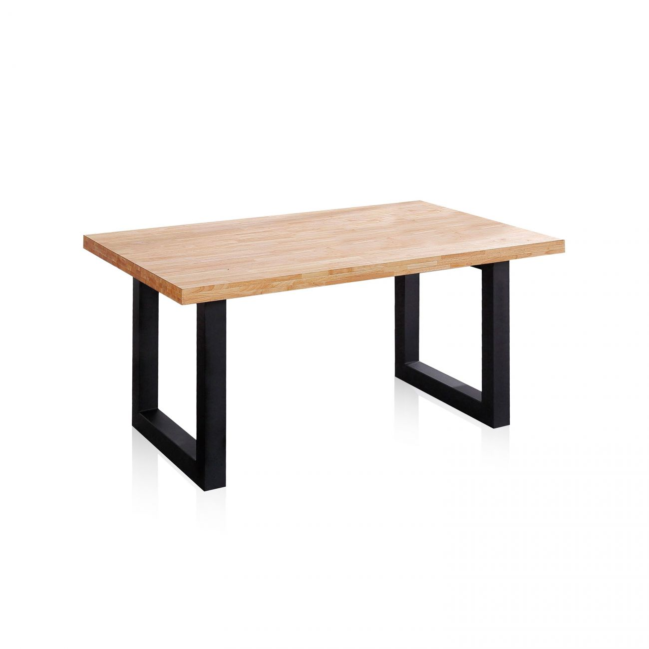 Mesa de madera con patas negras en forma de U sobre fondo blanco.