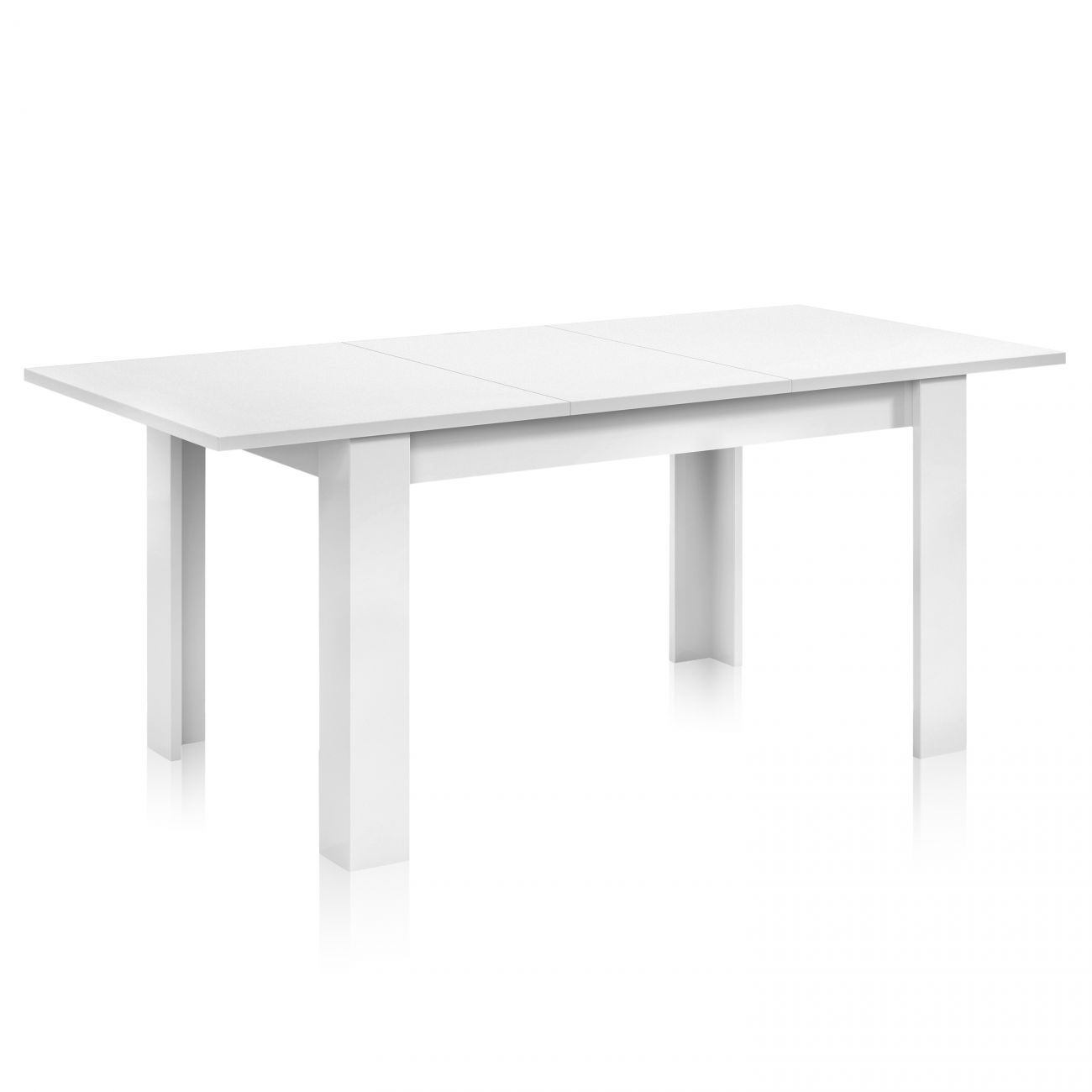 Una mesa blanca moderna extensible con tapa rectangular y cuatro patas de pilar.