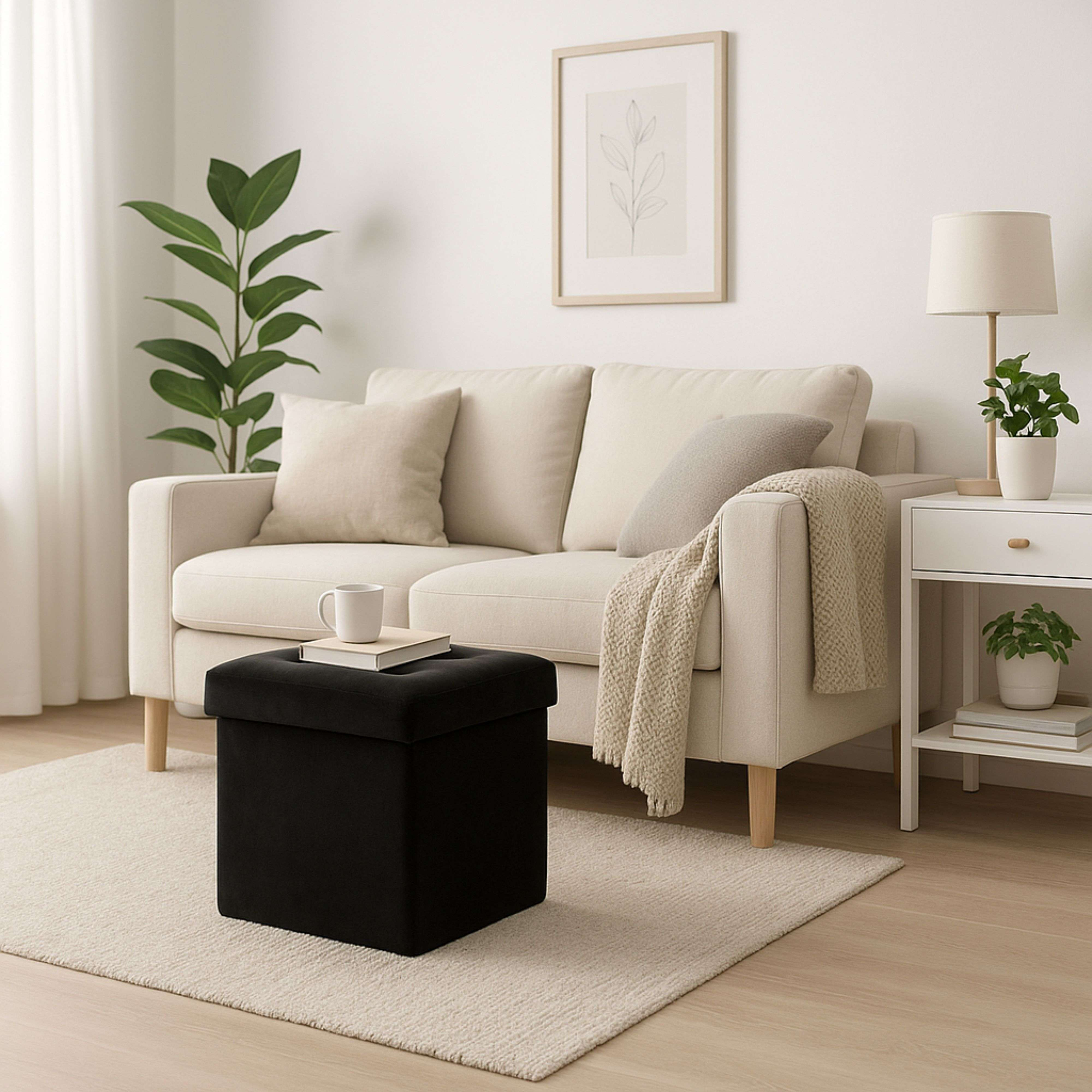 Una sala de estar luminosa con un sofá beige, un puf negro y una lámpara de mesita de noche.