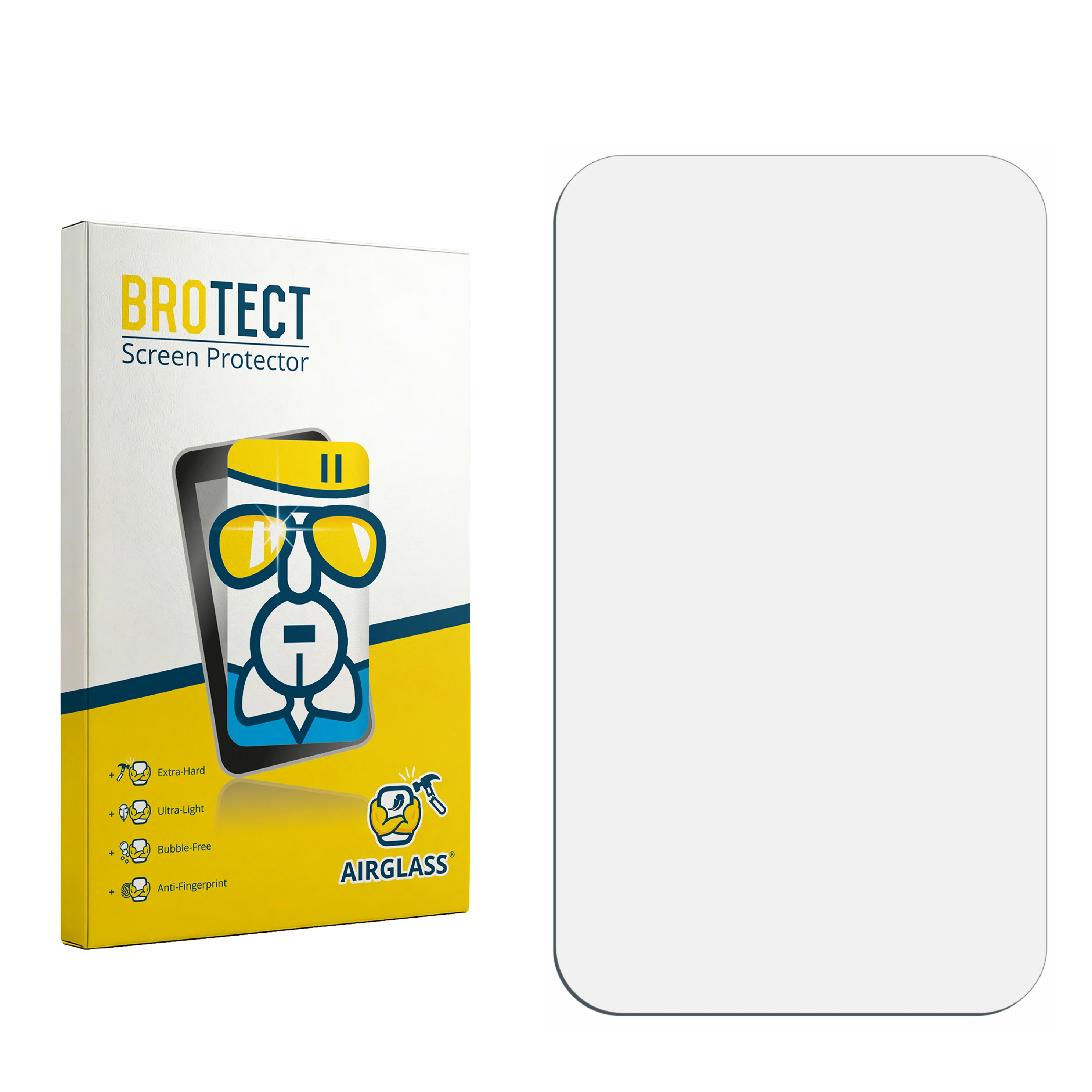 Verpackung für BROTECT Displayschutzfolie mit stilisierter Figur und Eigenschaften.