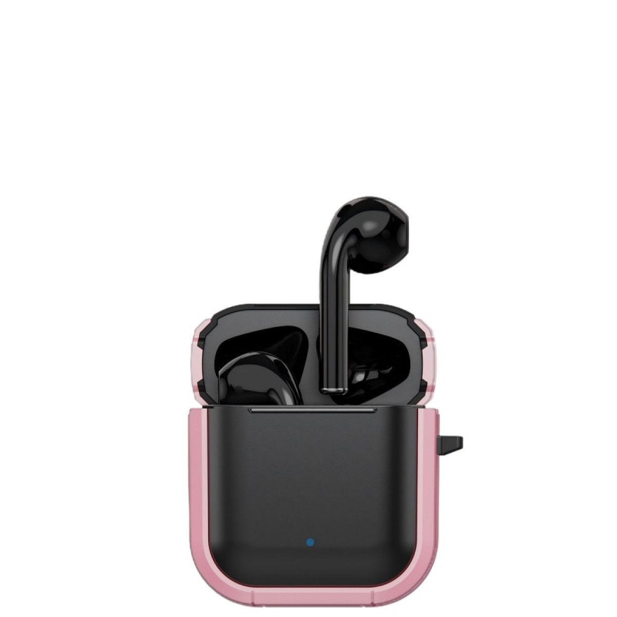 Schwarze kabellose Ohrhörer in einer rosa Ladehülle, eine einzelne Ohrhörer wird angezeigt.
