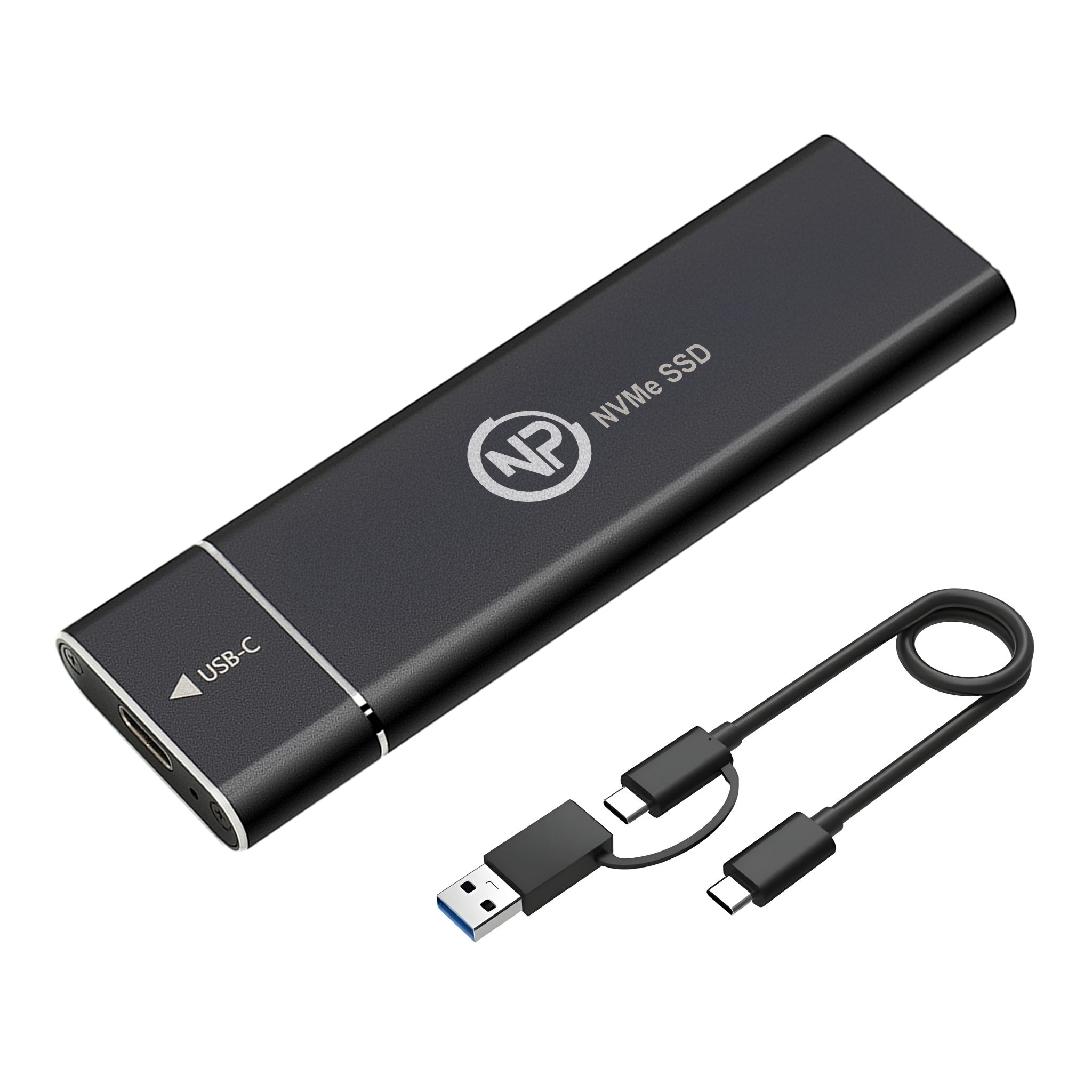 USB-A ve çift USB-C konnektörlü kablo ve USB-C bağlantı noktasına sahip siyah NVMe SSD kutusu.