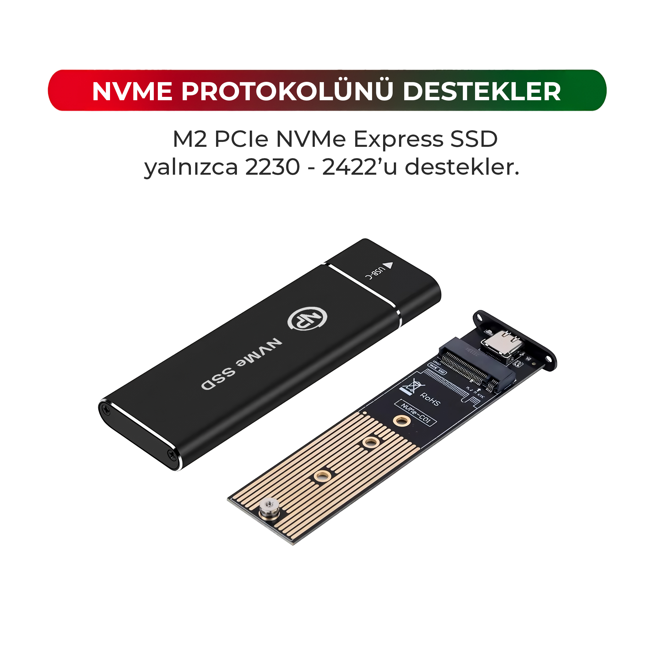 Siyah NVMe SSD kasası ve altın temaslı M.2 adaptör kartı.