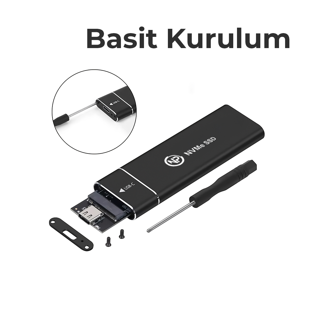 Vidalı tornavida ve açık önlü siyah NVMe SSD kasası.