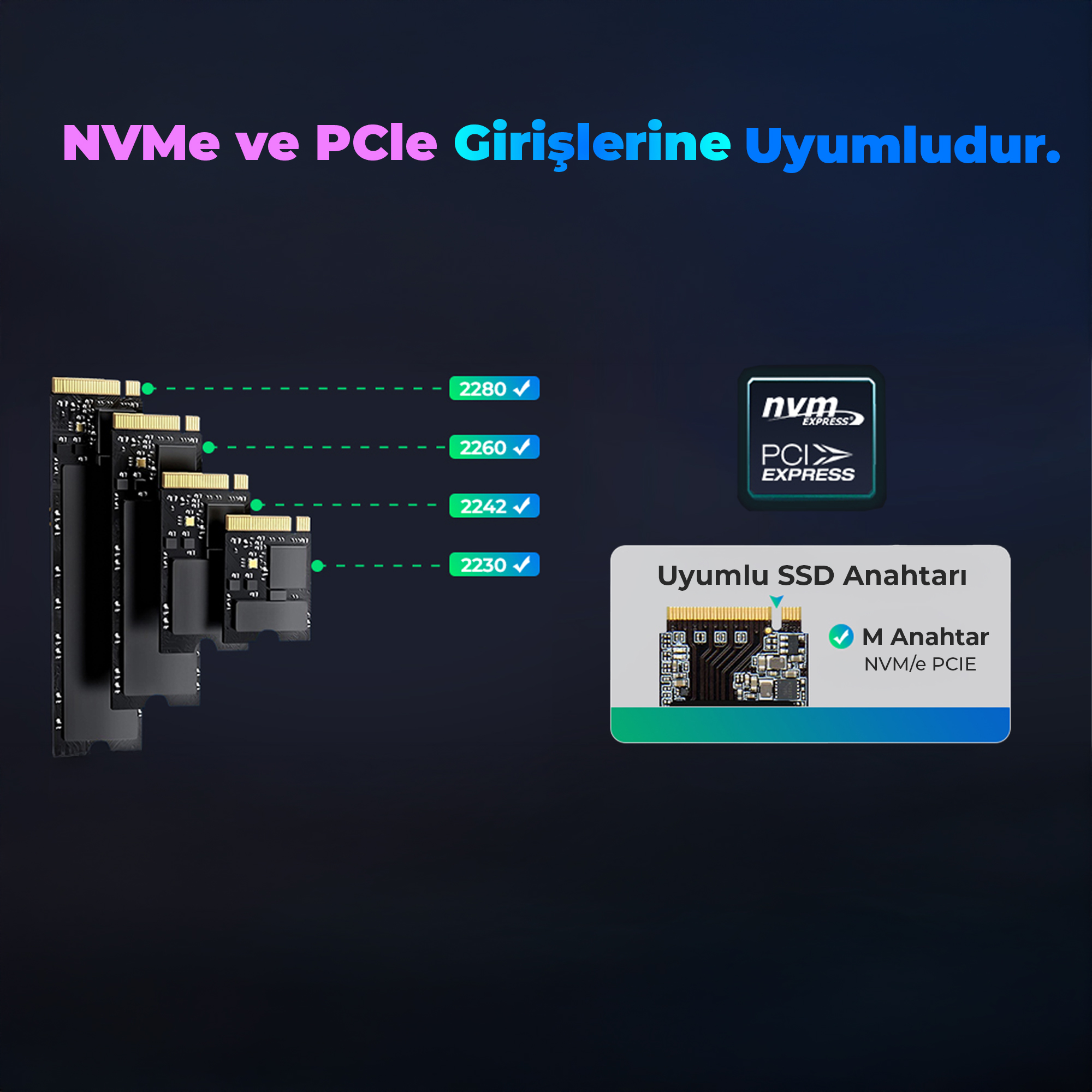 Farklı boyutlarda çeşitli NVMe SSD'ler PCI-Express bağlantılıdır.