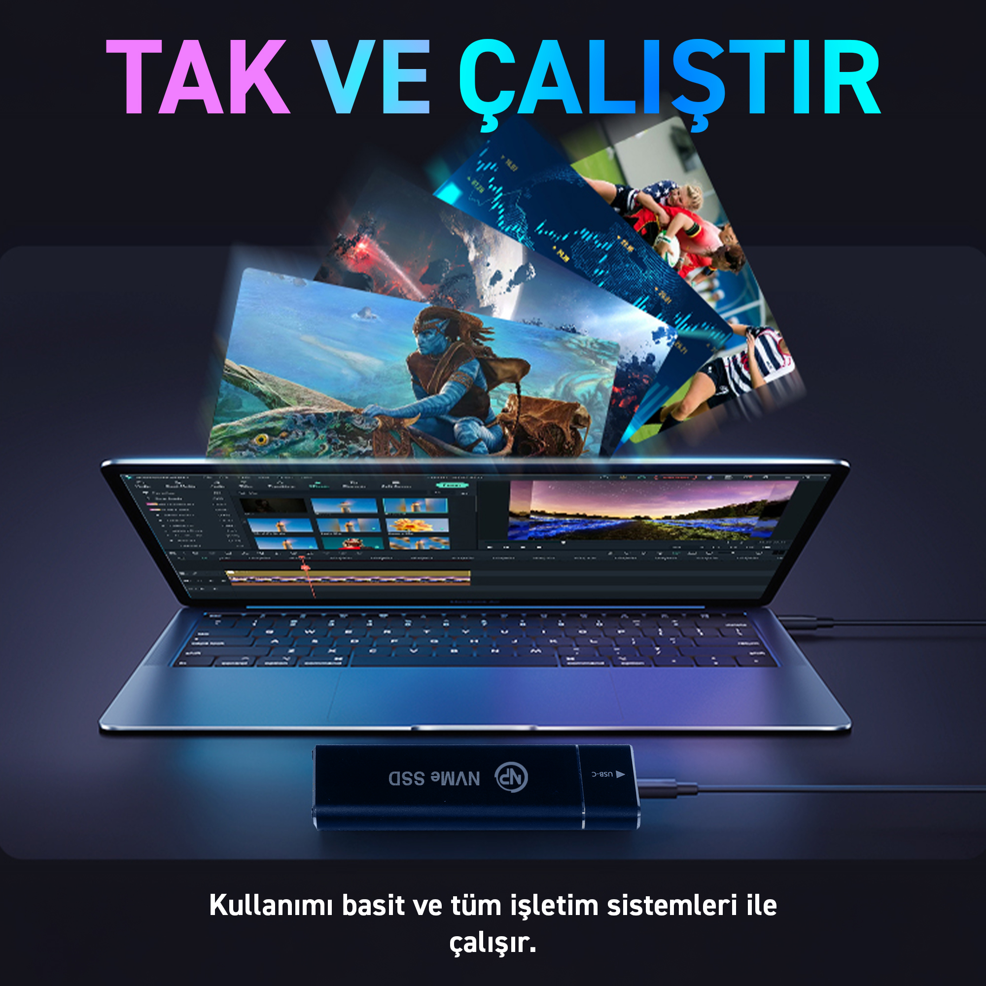 Dizüstü bilgisayar, Avatar, spor ve grafik resimleriyle video düzenleme yazılımı gösteriyor.