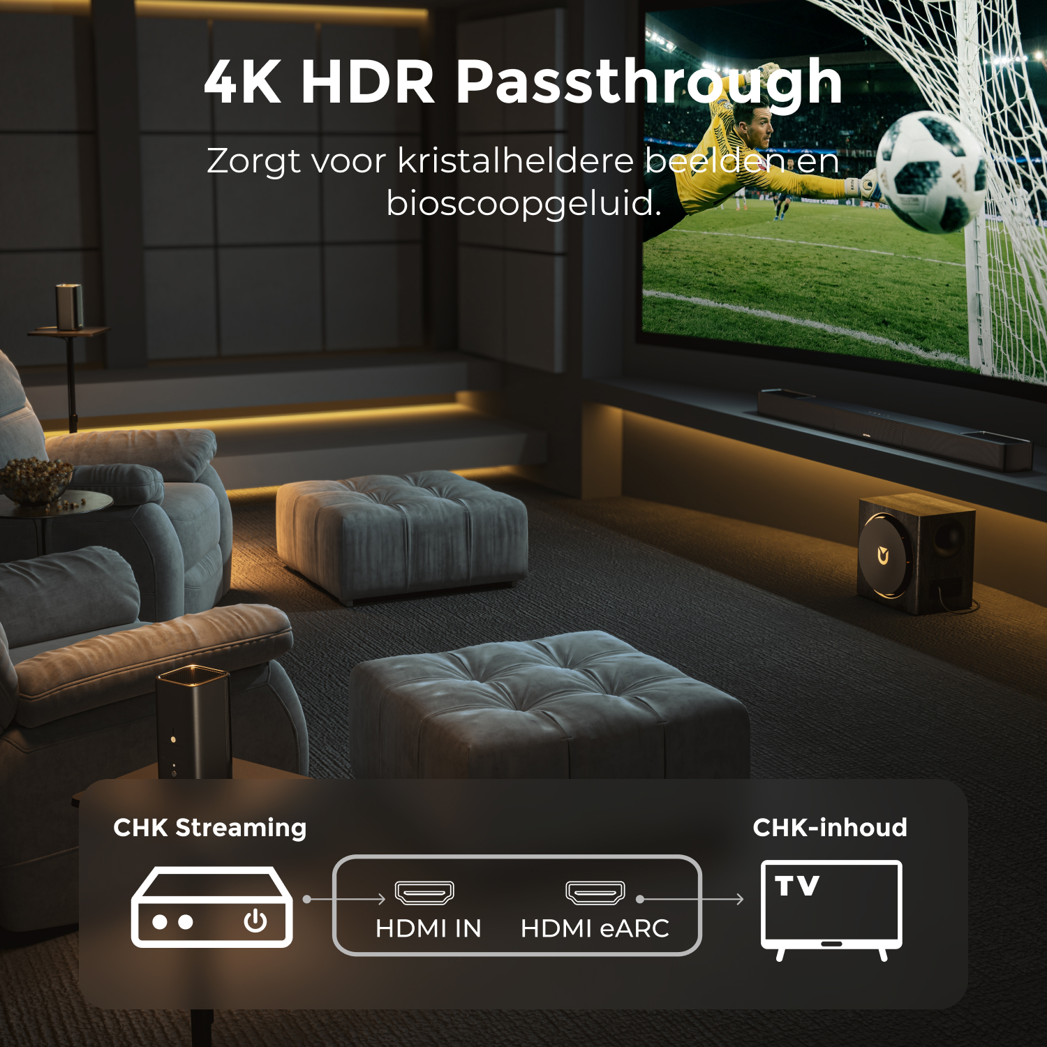 Home cinéma avec passthrough 4K HDR : box streaming, HDMI IN/eARC, TV.