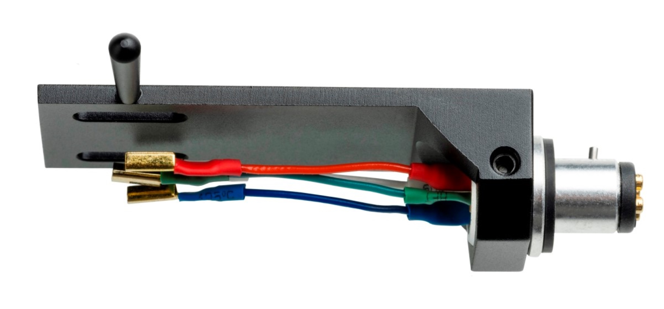 Ramię gramofonowe z czterema kolorowymi przewodami (czerwony, biały, zielony, niebieski) i złotymi złączami.