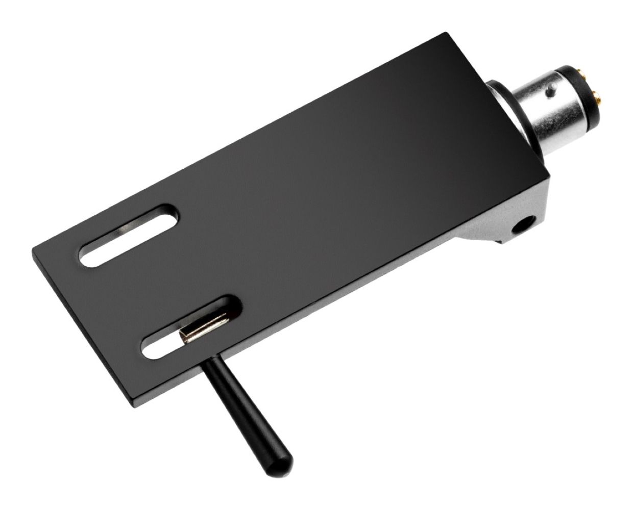 Czarna głowica gramofonowa ze srebrnymi złączami.