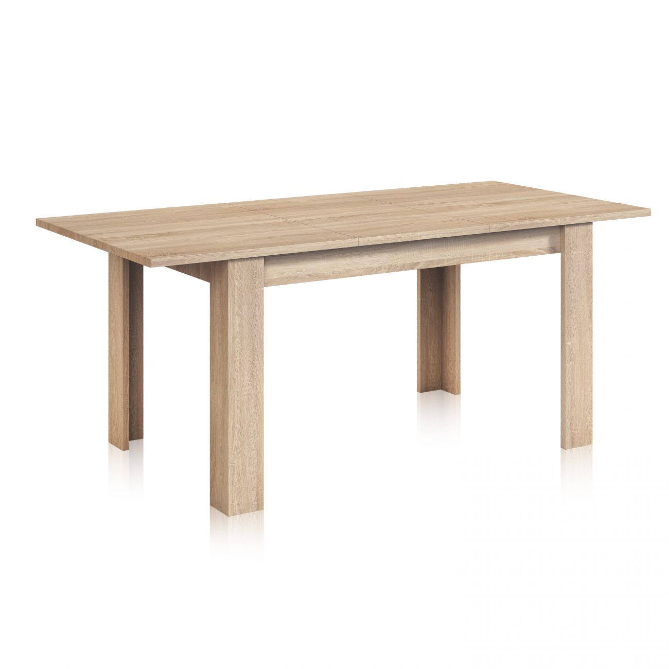 Una mesa rectangular de madera con cuatro patas sobre fondo blanco.
