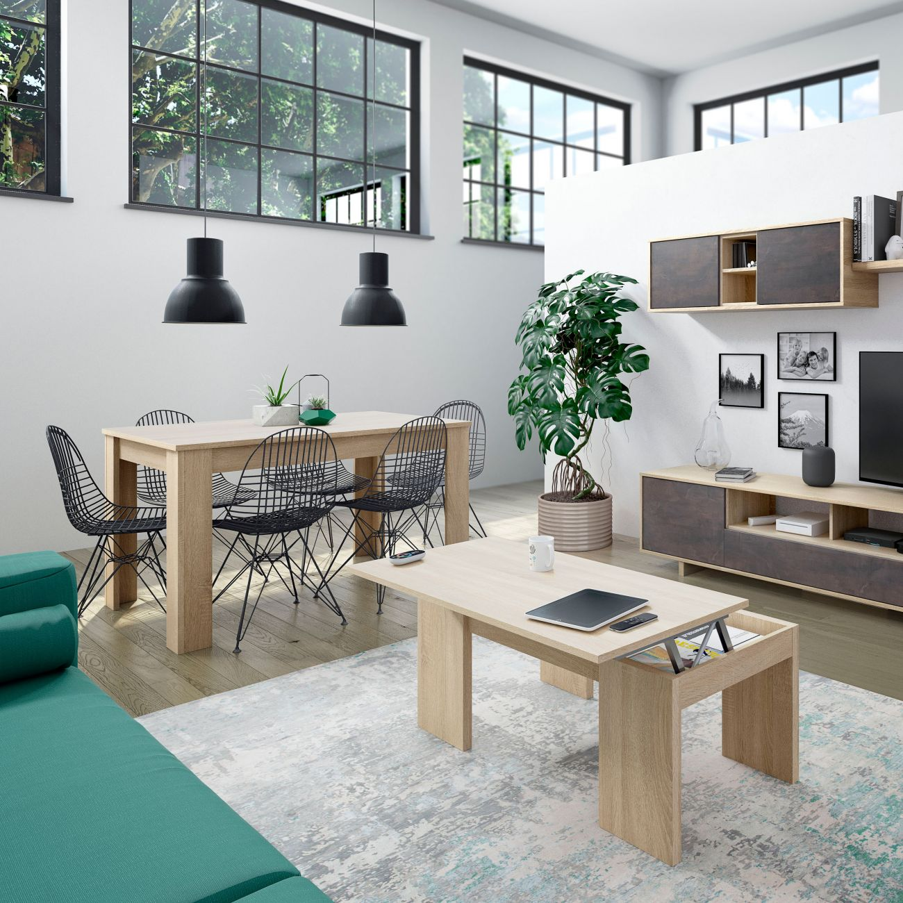 Sala de estar moderna con mesa de comedor, zona de asientos y mueble de TV frente a grandes ventanales.