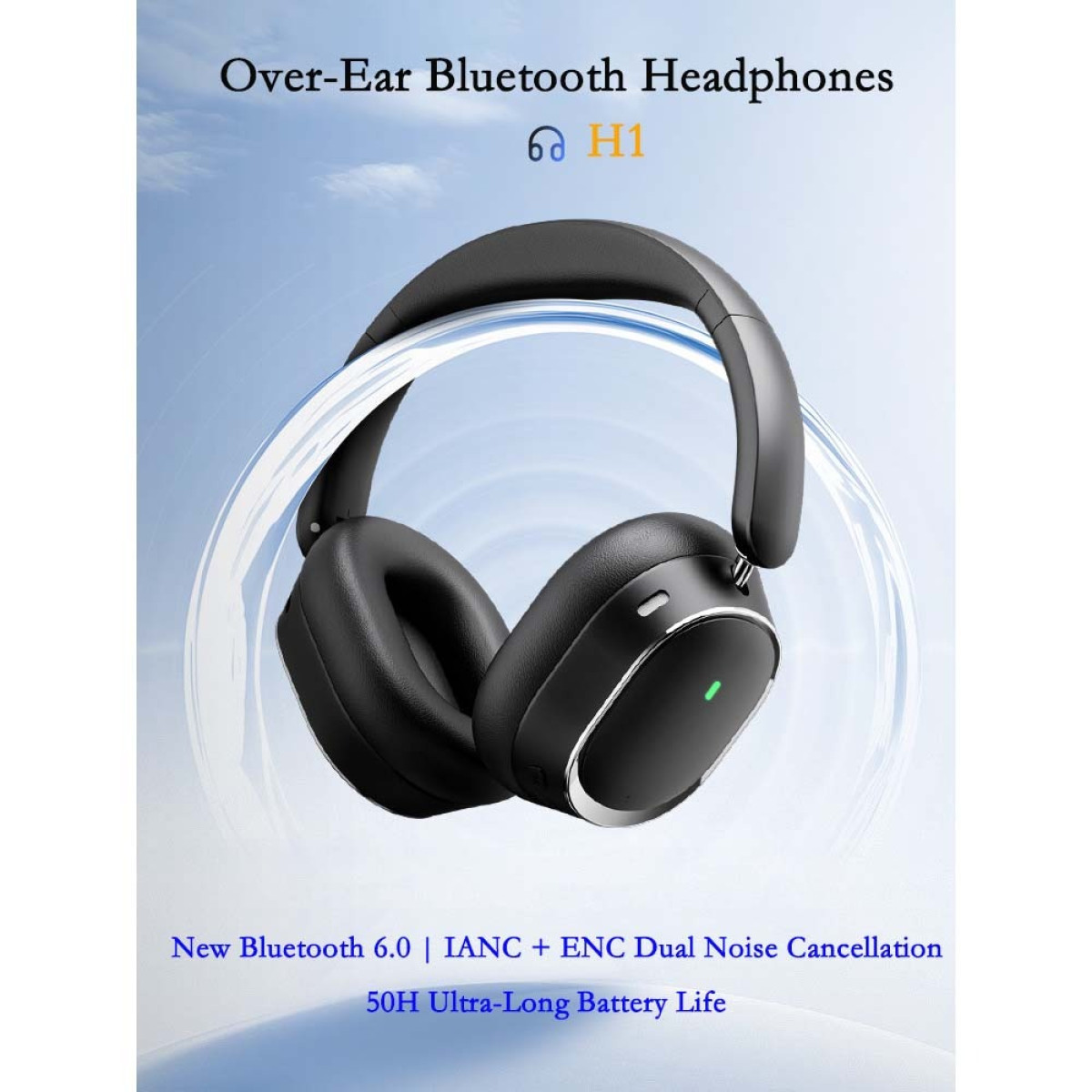 Schwarze Over-Ear-Kopfhörer mit Bluetooth 6.0 und Geräuschunterdrückung.