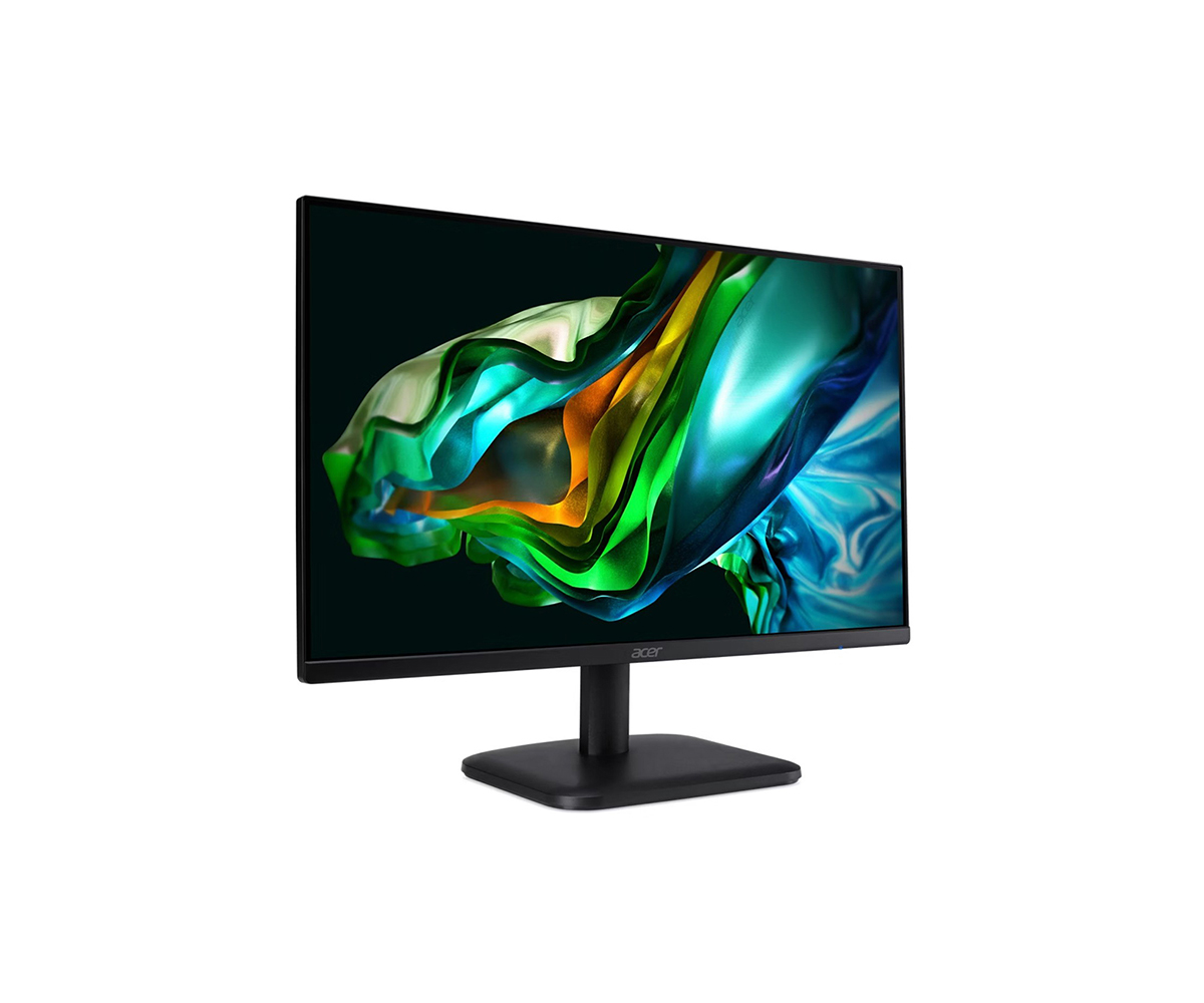 Siyah bir Acer monitör, yeşil, mavi ve turuncu girdaplarla renkli soyut bir görüntü sergiliyor.