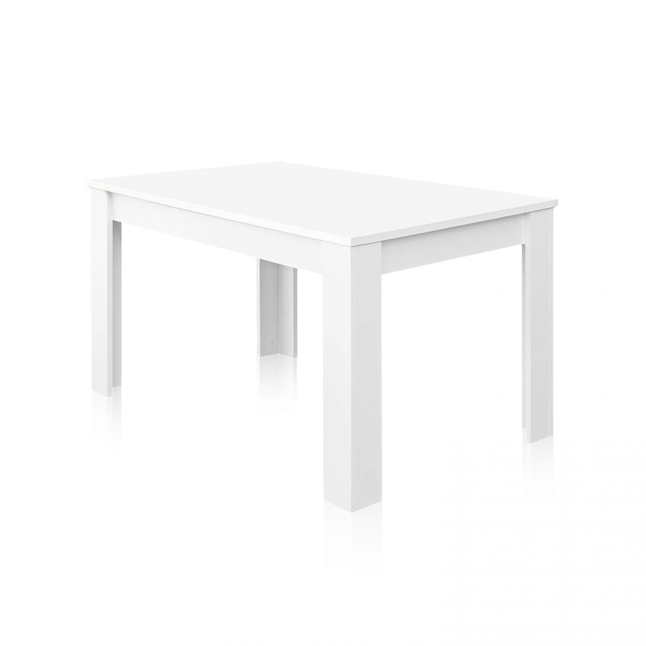 Una mesa de comedor blanca con cuatro patas sobre un fondo blanco.