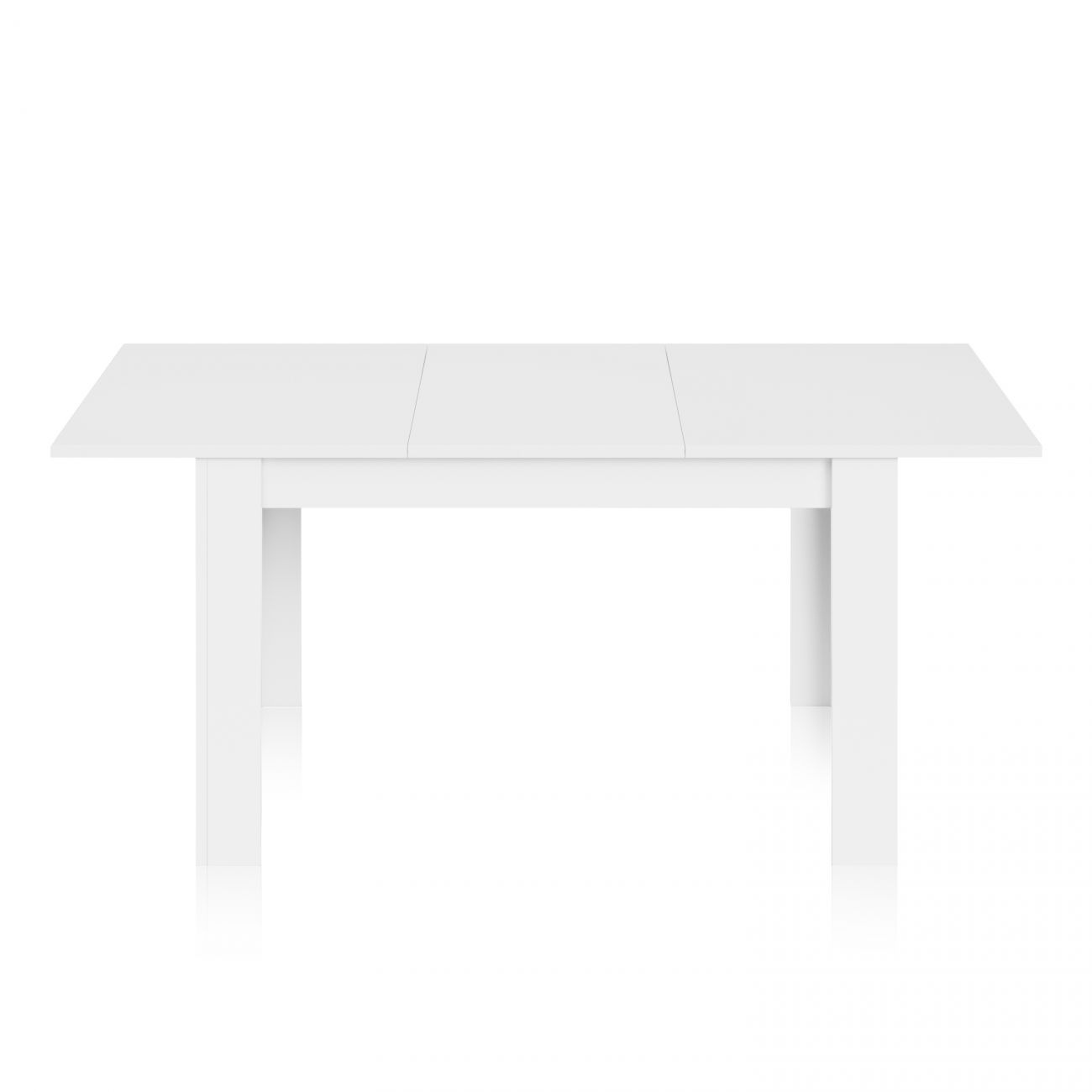 Una mesa rectangular blanca con cuatro patas, sobre fondo blanco.