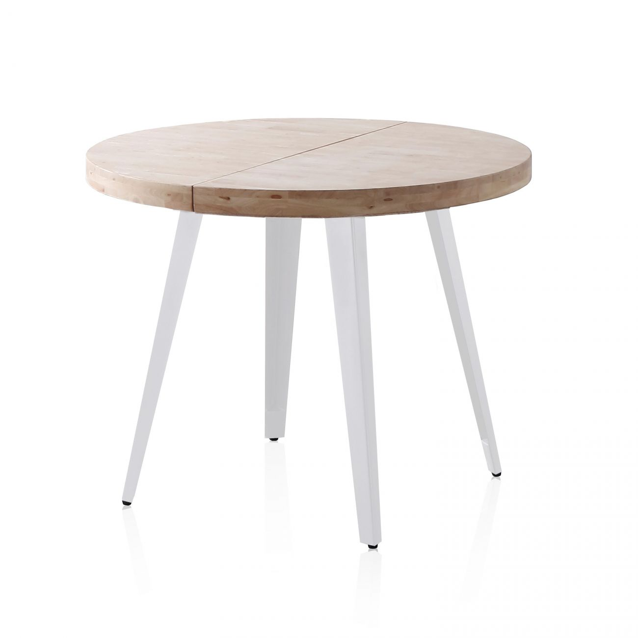 Una mesa redonda de madera con patas blancas sobre fondo blanco.