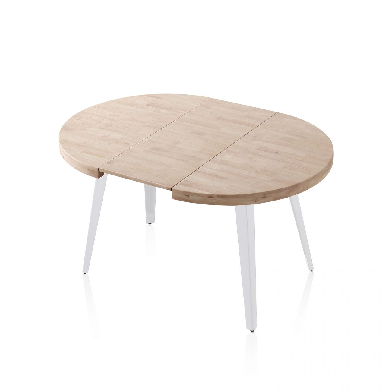 Una mesa ovalada de madera con patas blancas, sobre fondo blanco.