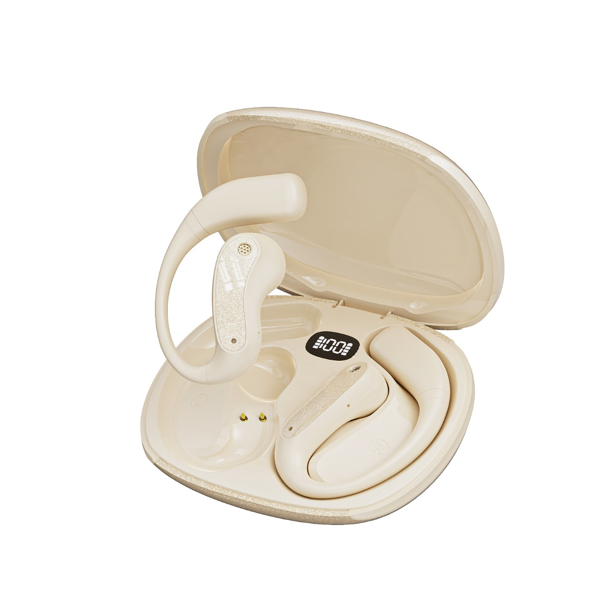 Beige kabellose Ohrhörer mit Ladecase und Digitalanzeige.