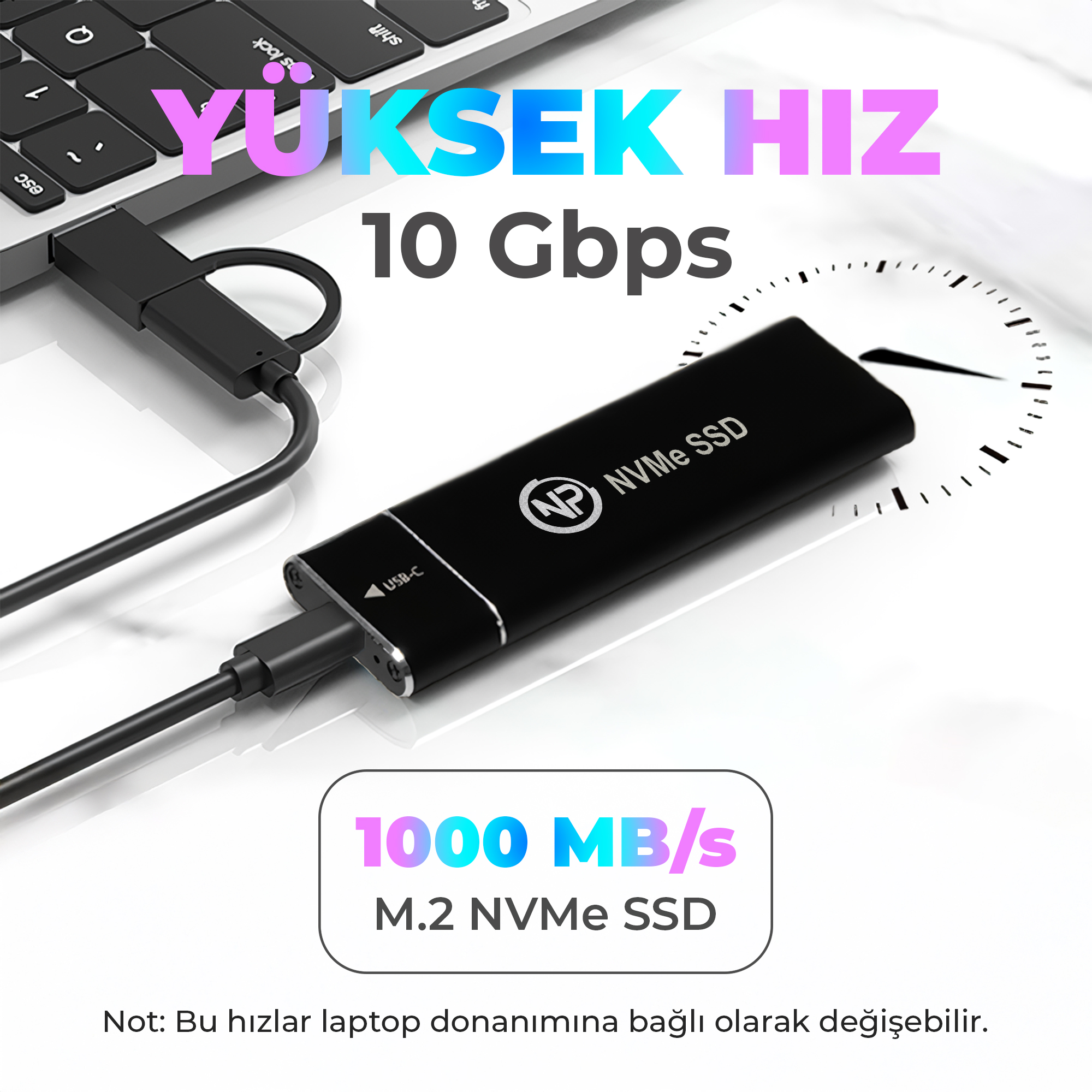 USB-C bağlantılı harici NVMe SSD kutusu, bir dizüstü bilgisayara bağlı.