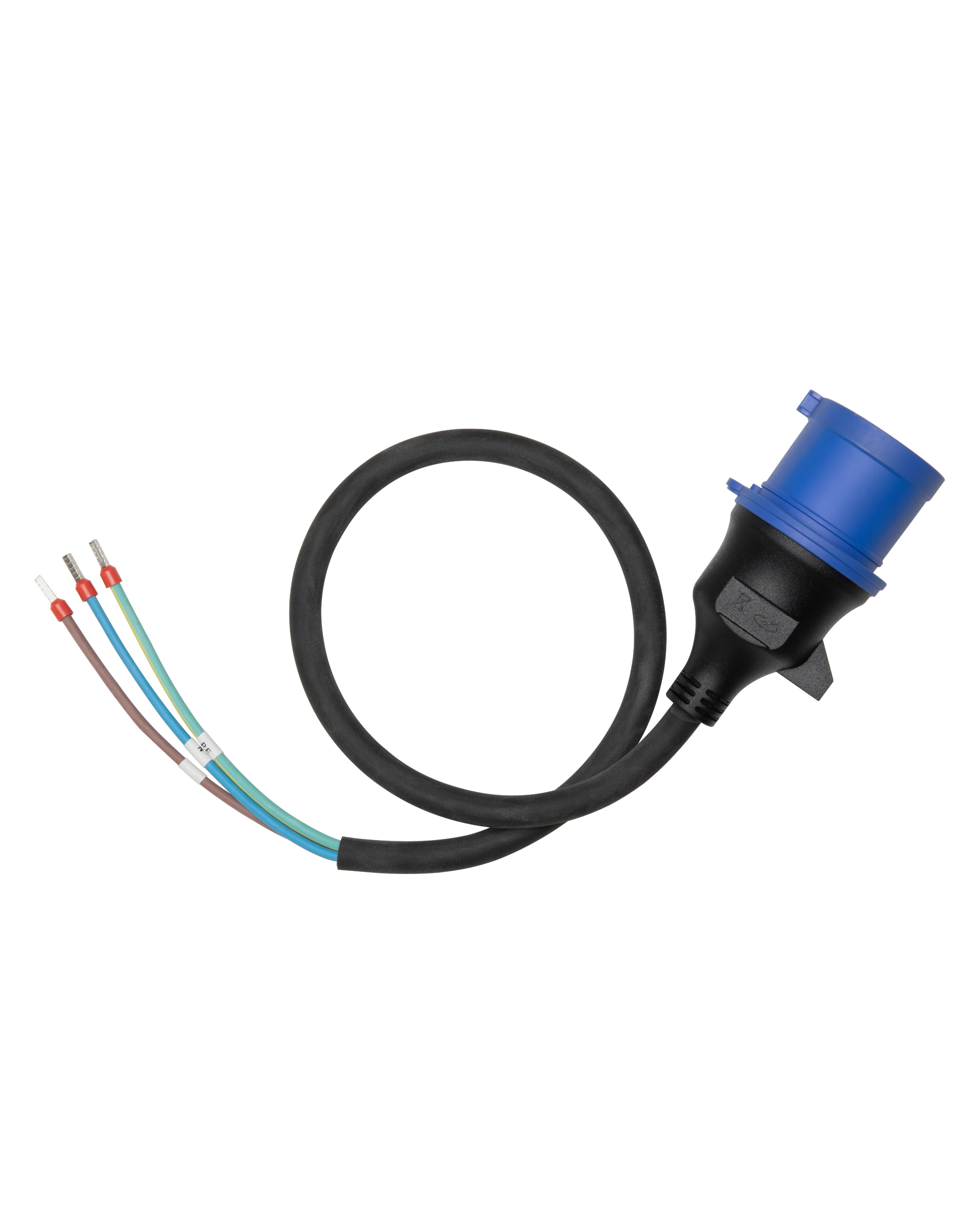 Een zwarte kabel met een blauwe connector en drie blootliggende draden.