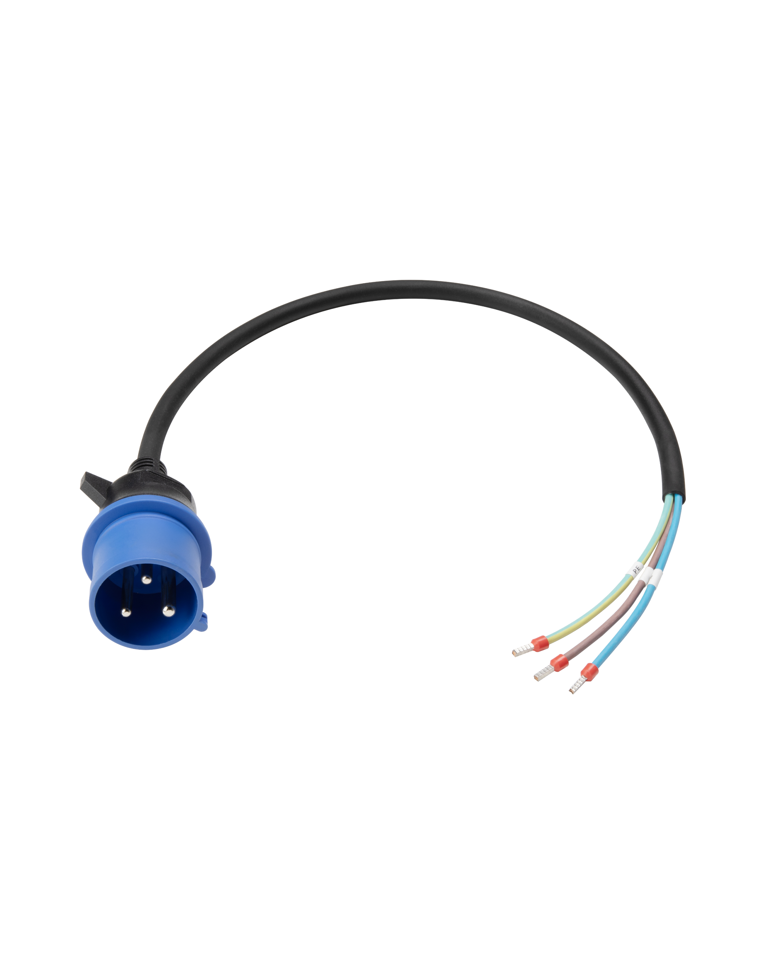 Een zwarte kabel met een blauwe stekker en drie kale draden met rode uiteinden.