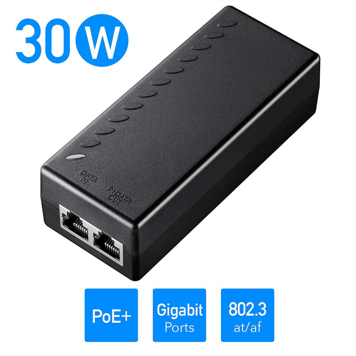 İki RJ45 portlu siyah 30W PoE+ Gigabit enjektör.