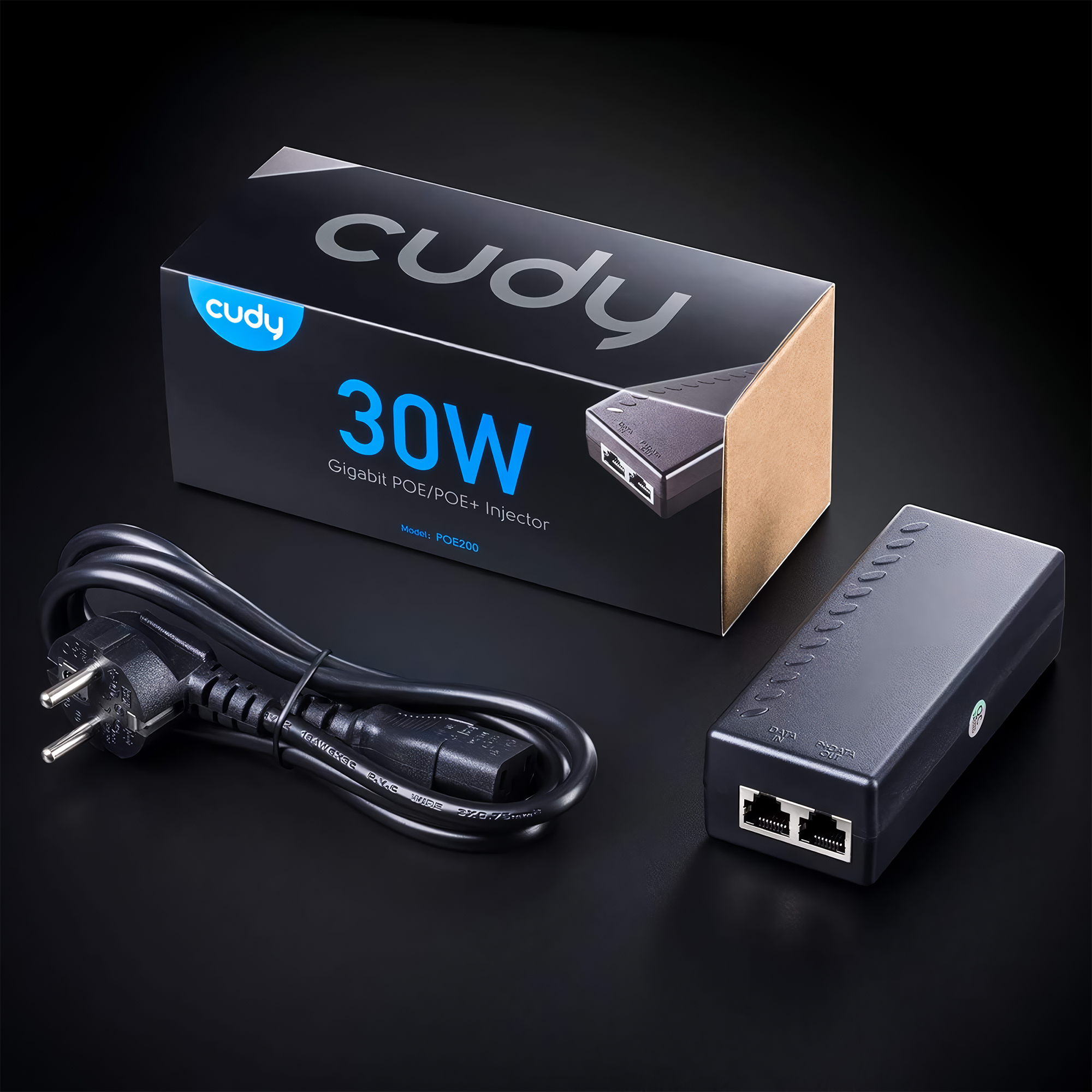 Cudy 30W Gigabit PoE/PoE+ enjektör, güç kablosu ve adaptörü siyah arka planda.