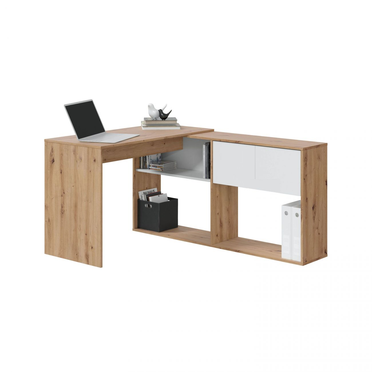 Escritorio en L moderno con acabado de madera, portátil, libros y almacenamiento.
