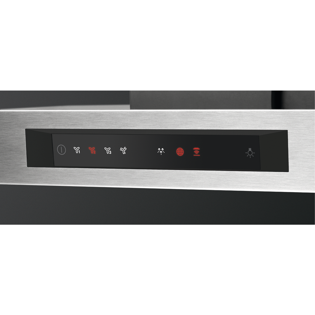 Panel de control con iconos de ventilador, luz y Wi-Fi sobre metal cepillado.