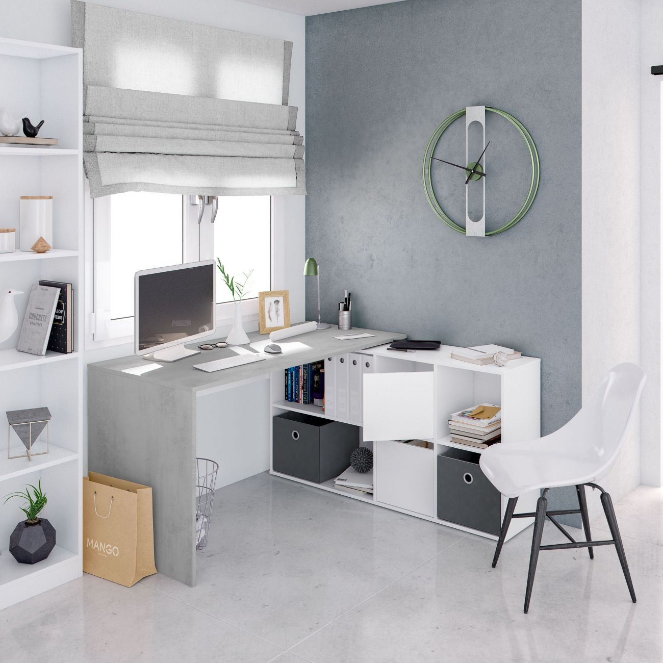 Una oficina en casa moderna con escritorio gris, estantes blancos y silla blanca.