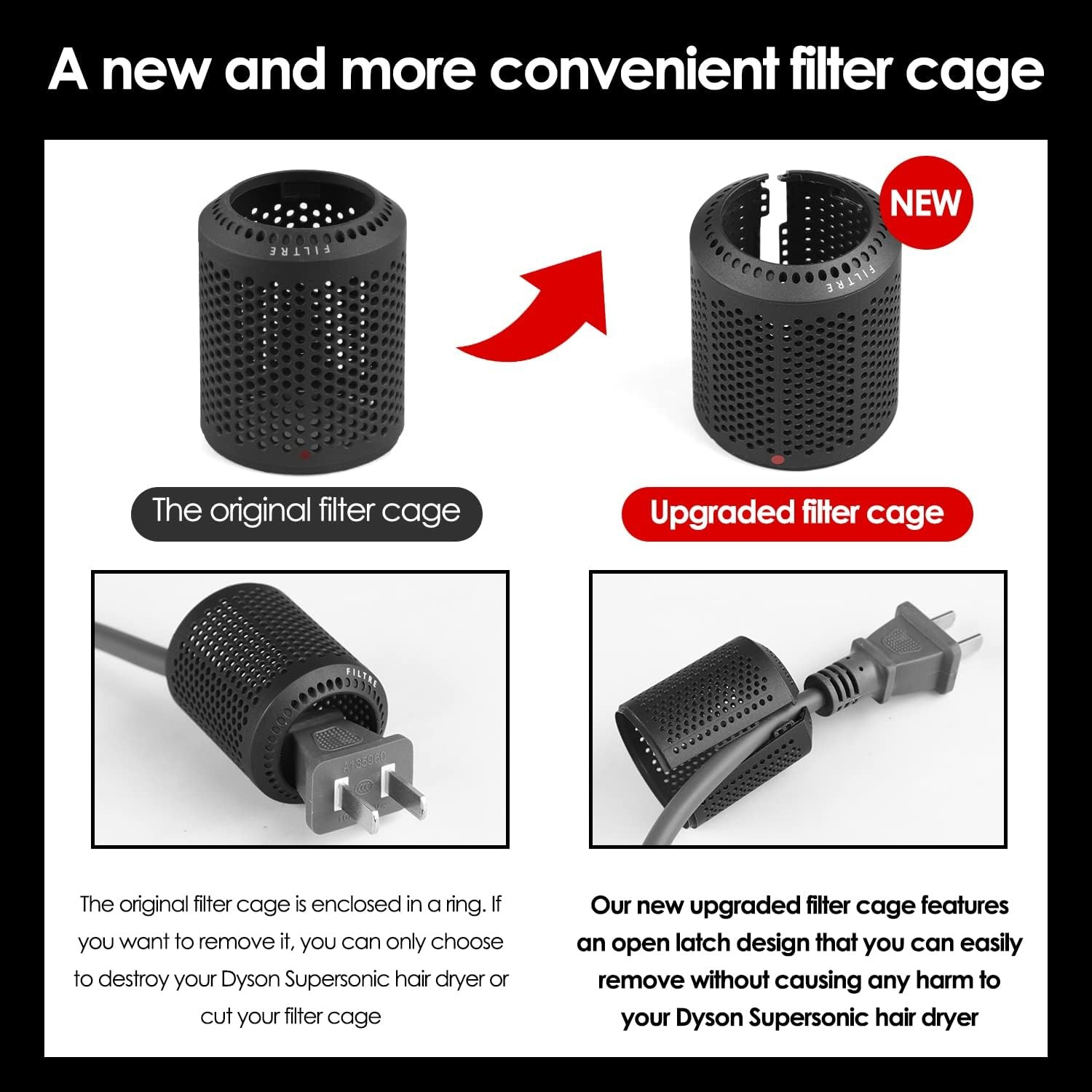 Confronto tra filtri Dyson originali e migliorati. Il nuovo ha una chiusura aperta.