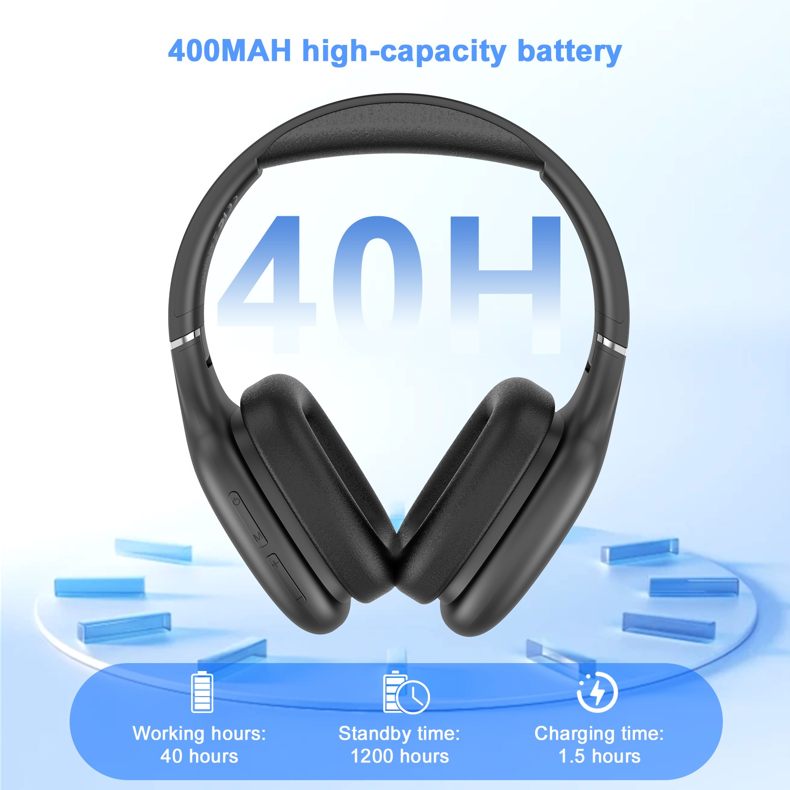 Schwarze Kopfhörer mit 40H-Anzeige, 400mAh Akku, 40Std. Laufzeit.