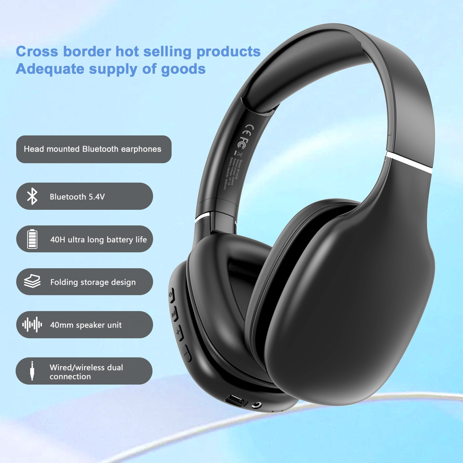 Schwarze Kopfhörer mit Bluetooth 5.4V, langer Akkulaufzeit und Faltfunktion.