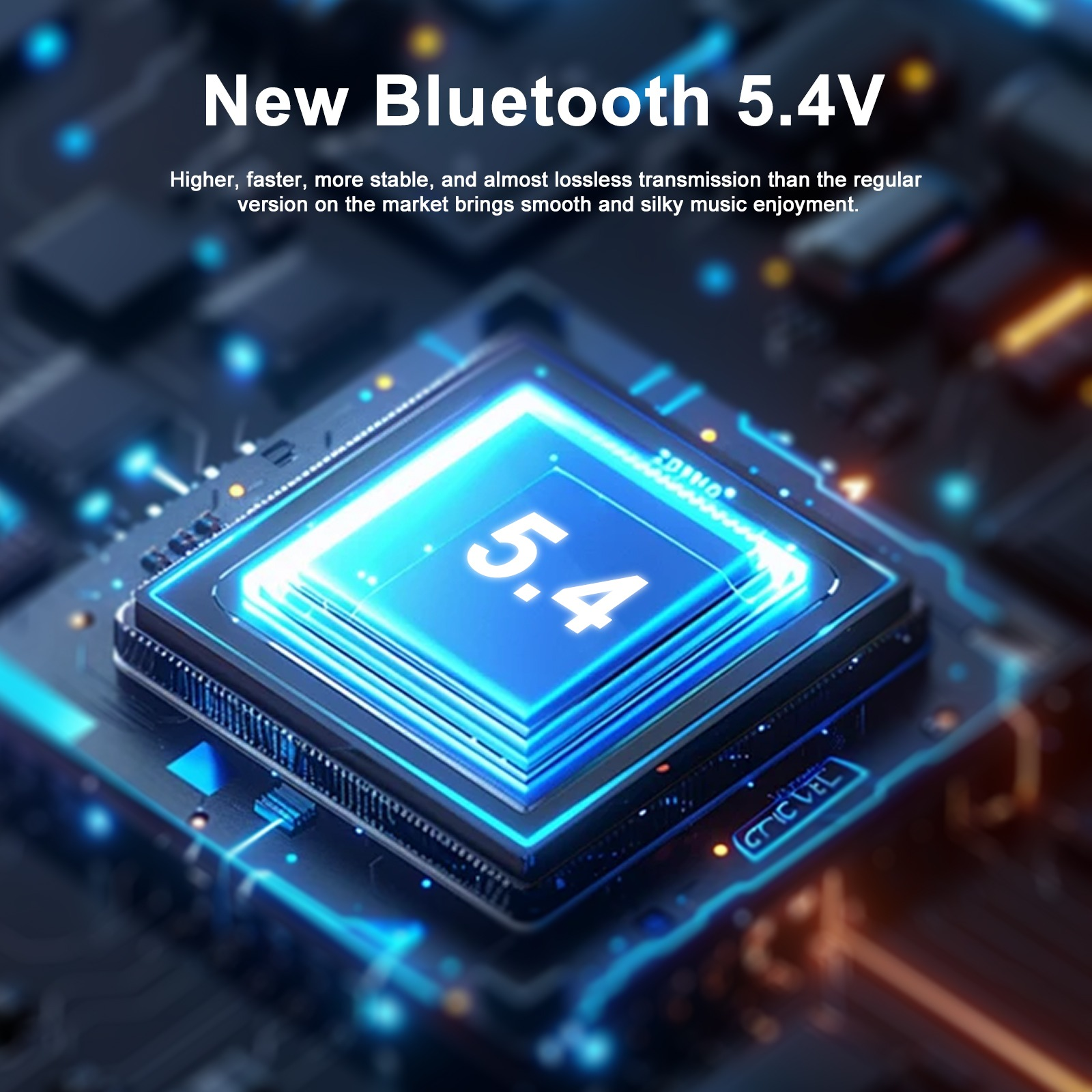 Ein blauer Chip mit der Aufschrift "5.4" leuchtet auf einer Leiterplatte.