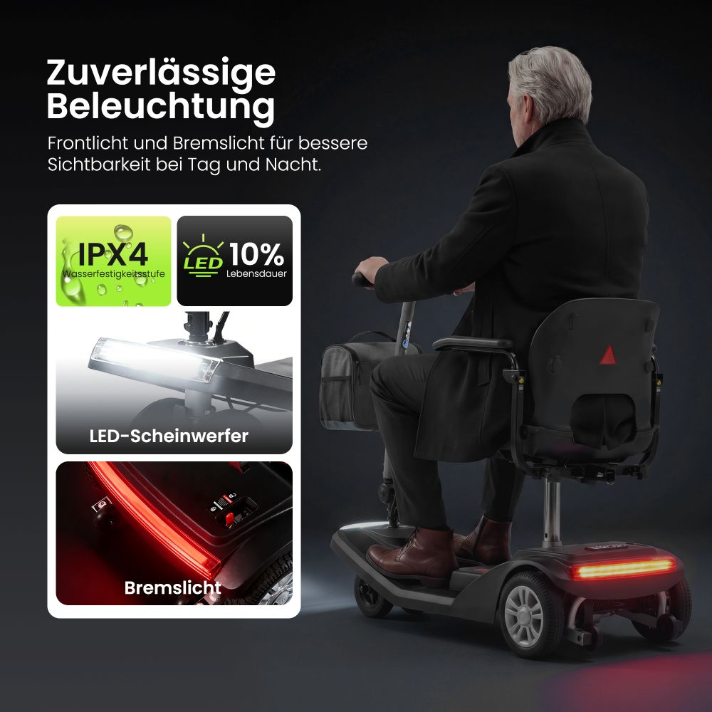 Hombre conduce un scooter de movilidad con luces LED delanteras y traseras.