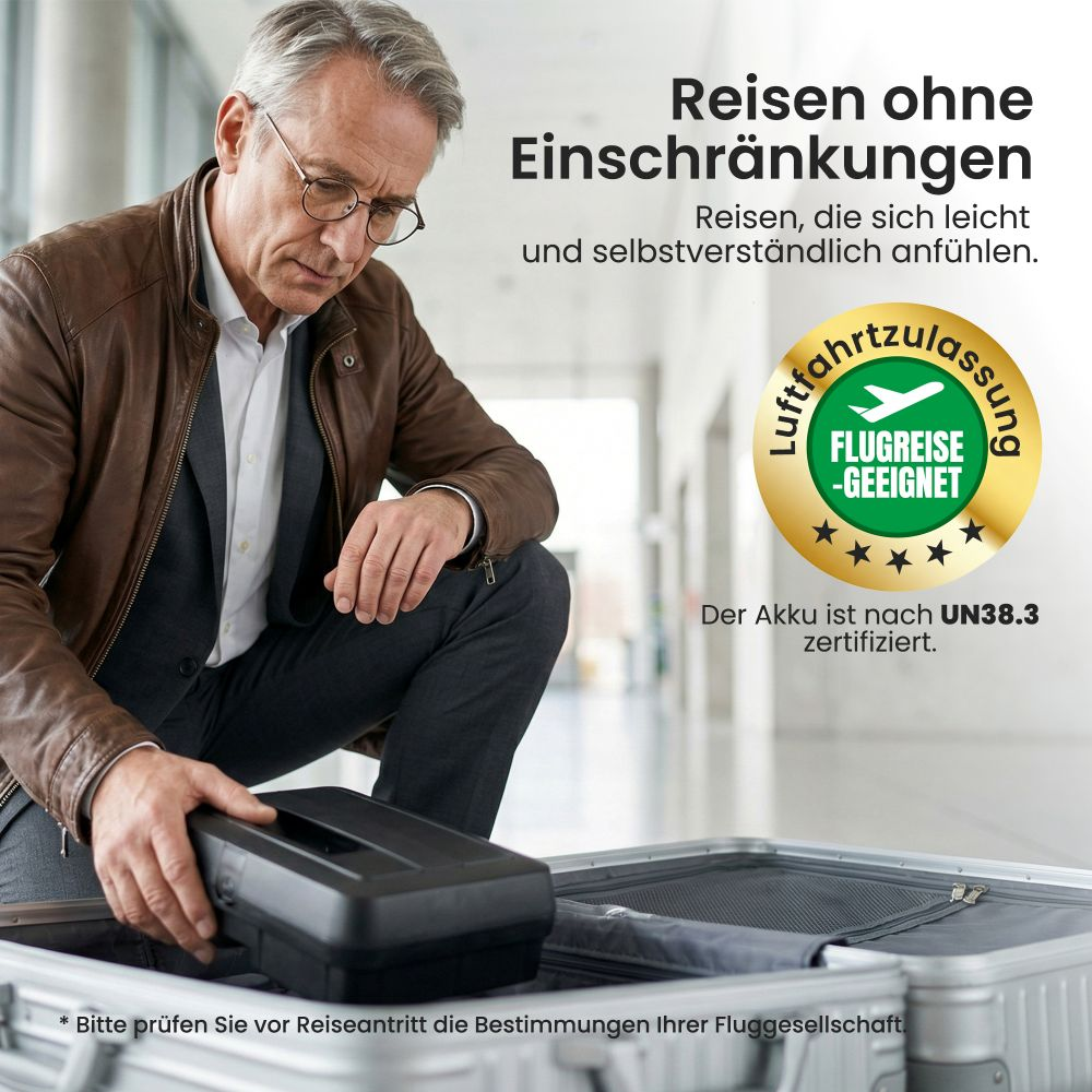 Hombre empacando maleta con batería certificada para viajar en avión.