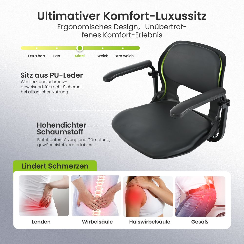 Silla ergonómica negra con asiento de cuero PU. Muestra puntos de dolor en espalda, cuello y caderas.