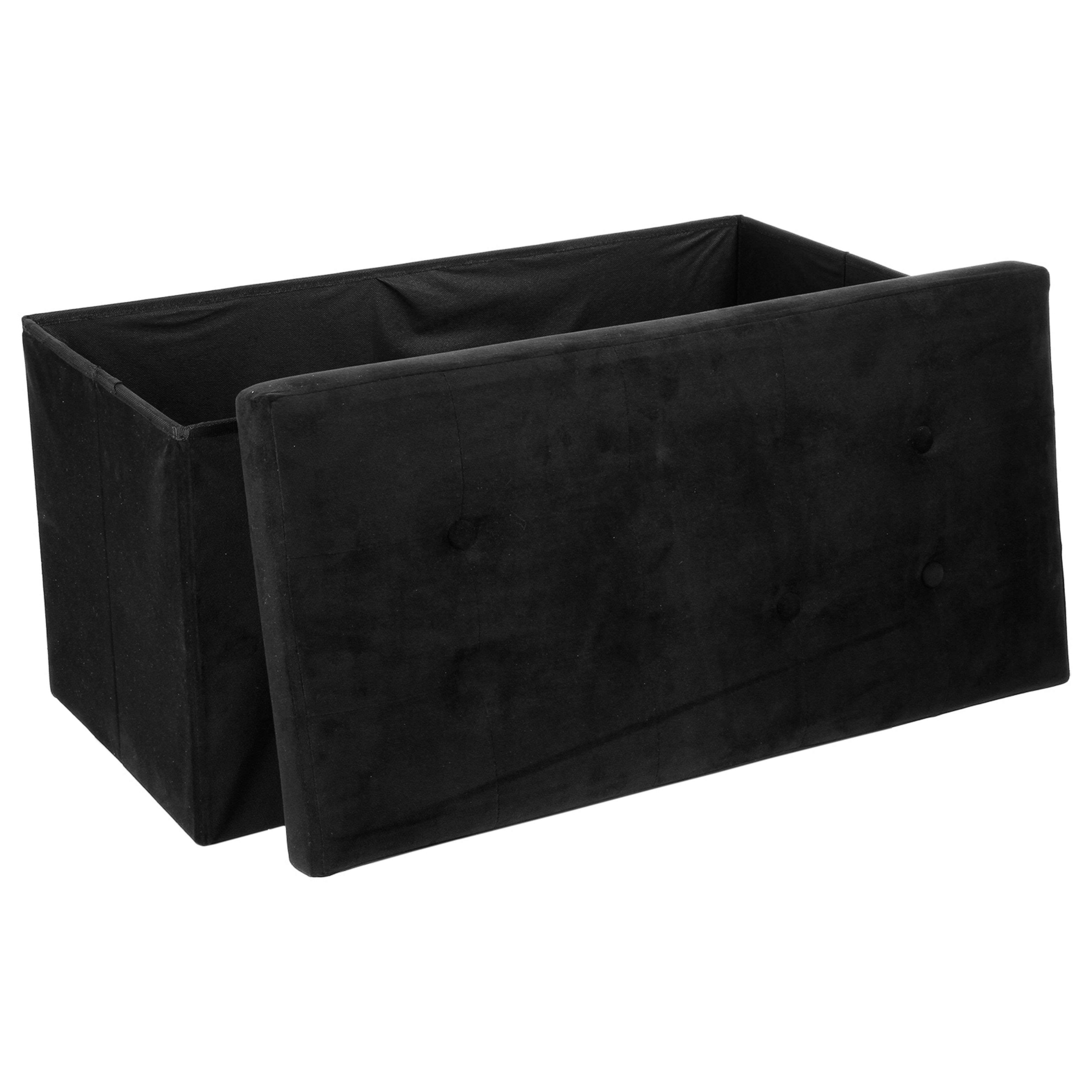 Banqueta de almacenamiento de tela negra con tapa abatible, sobre fondo blanco.