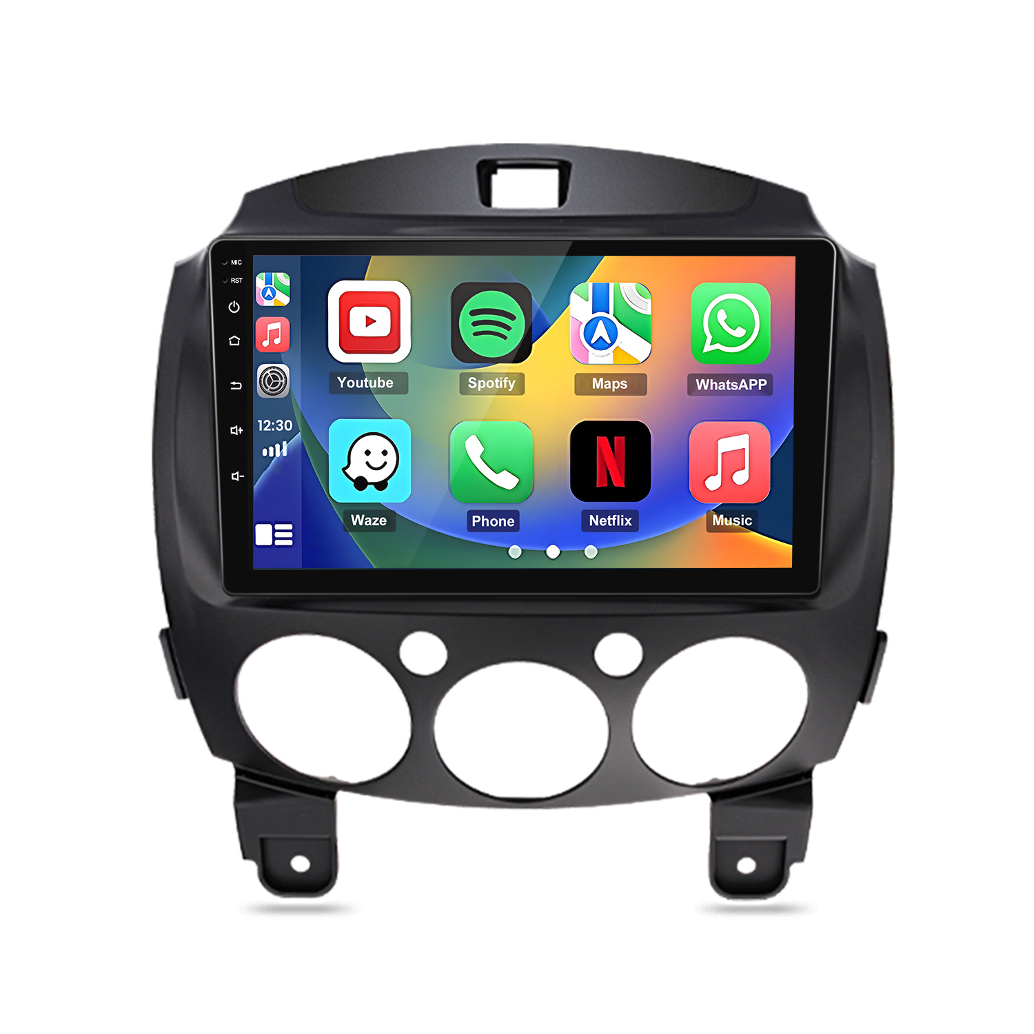 Ein schwarzes Autoradio-Display zeigt App-Symbole wie YouTube, Spotify und WhatsApp.
