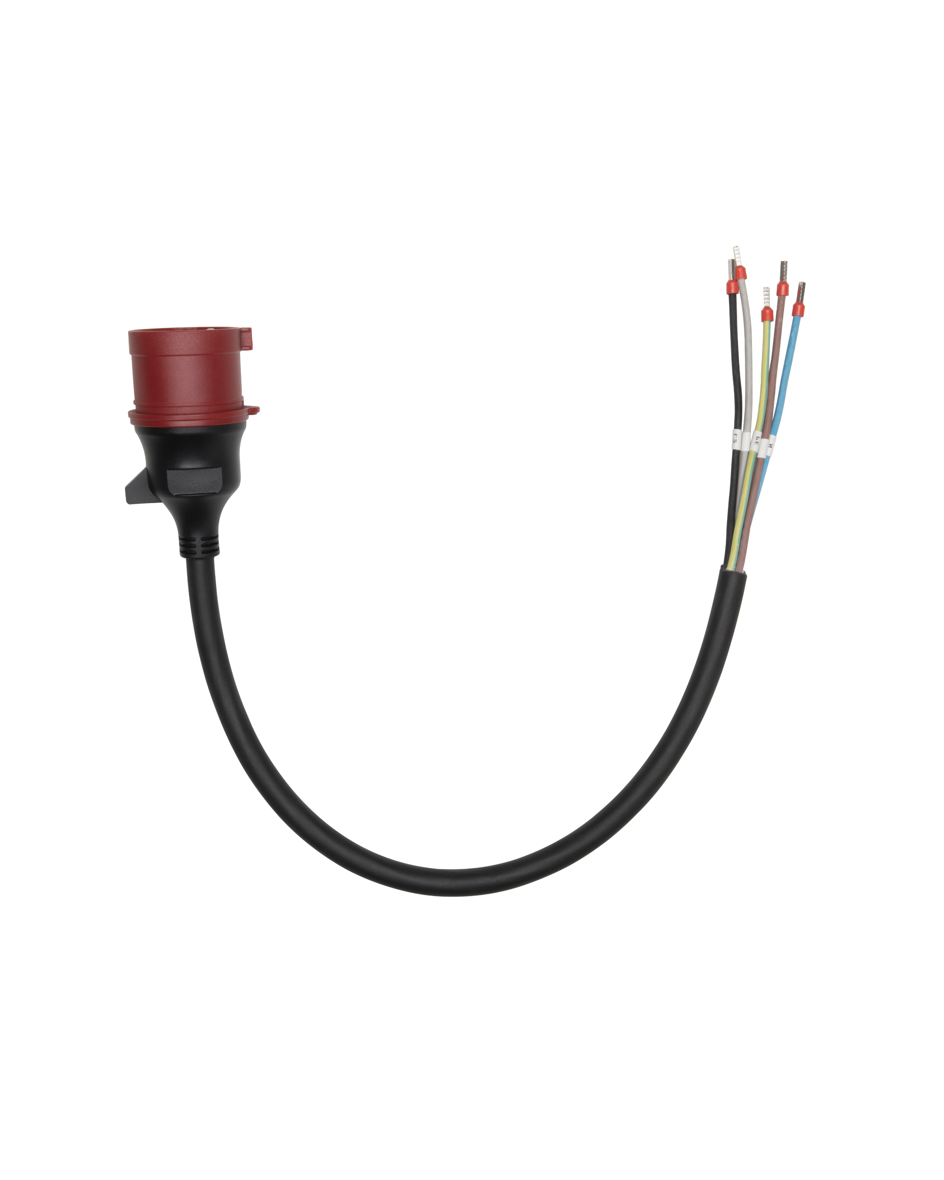 Een zwarte kabel met een rode connector en blootliggende draden aan het einde.