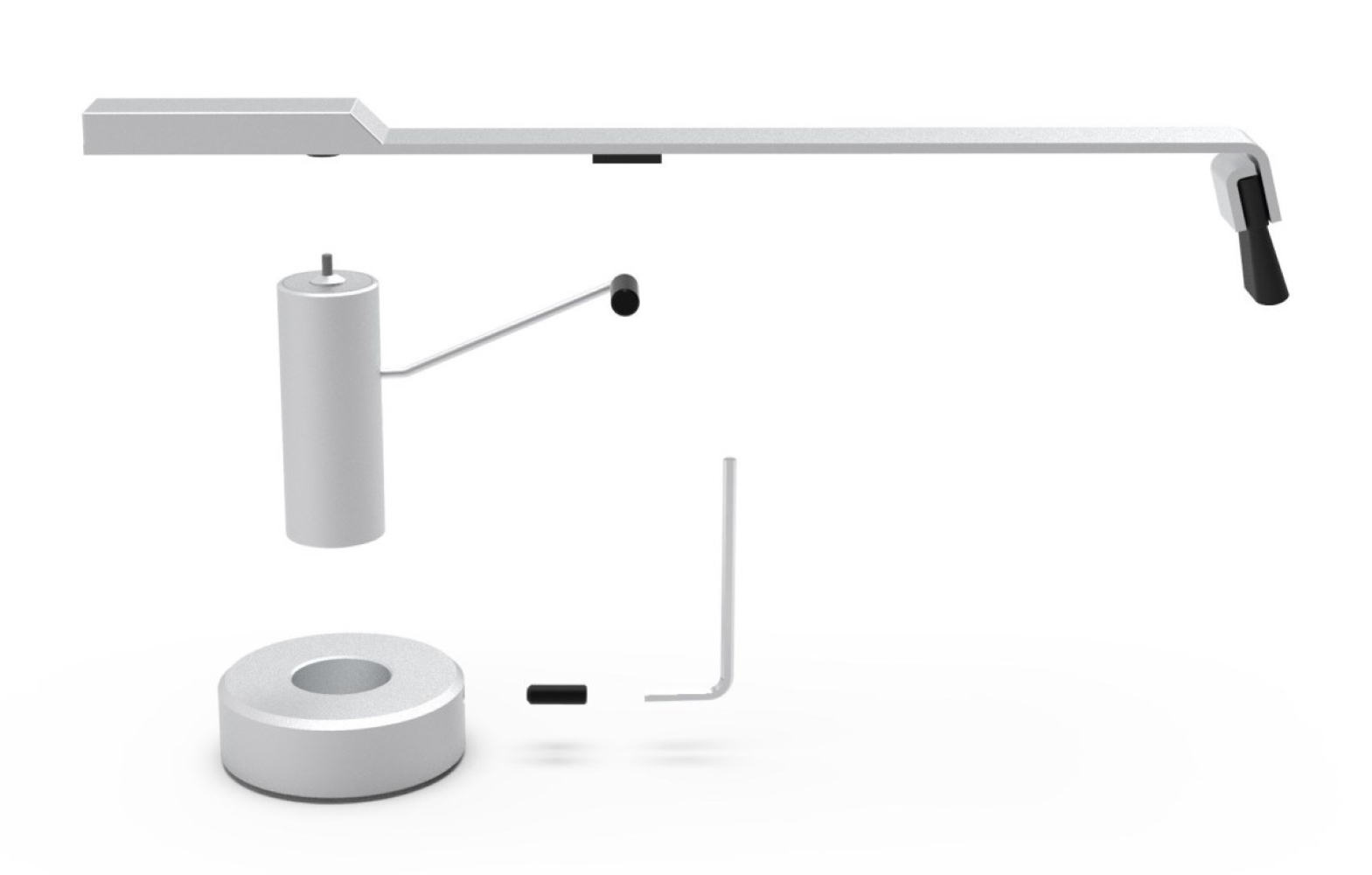 Srebrny element z cylindrem i podstawą na białym tle.