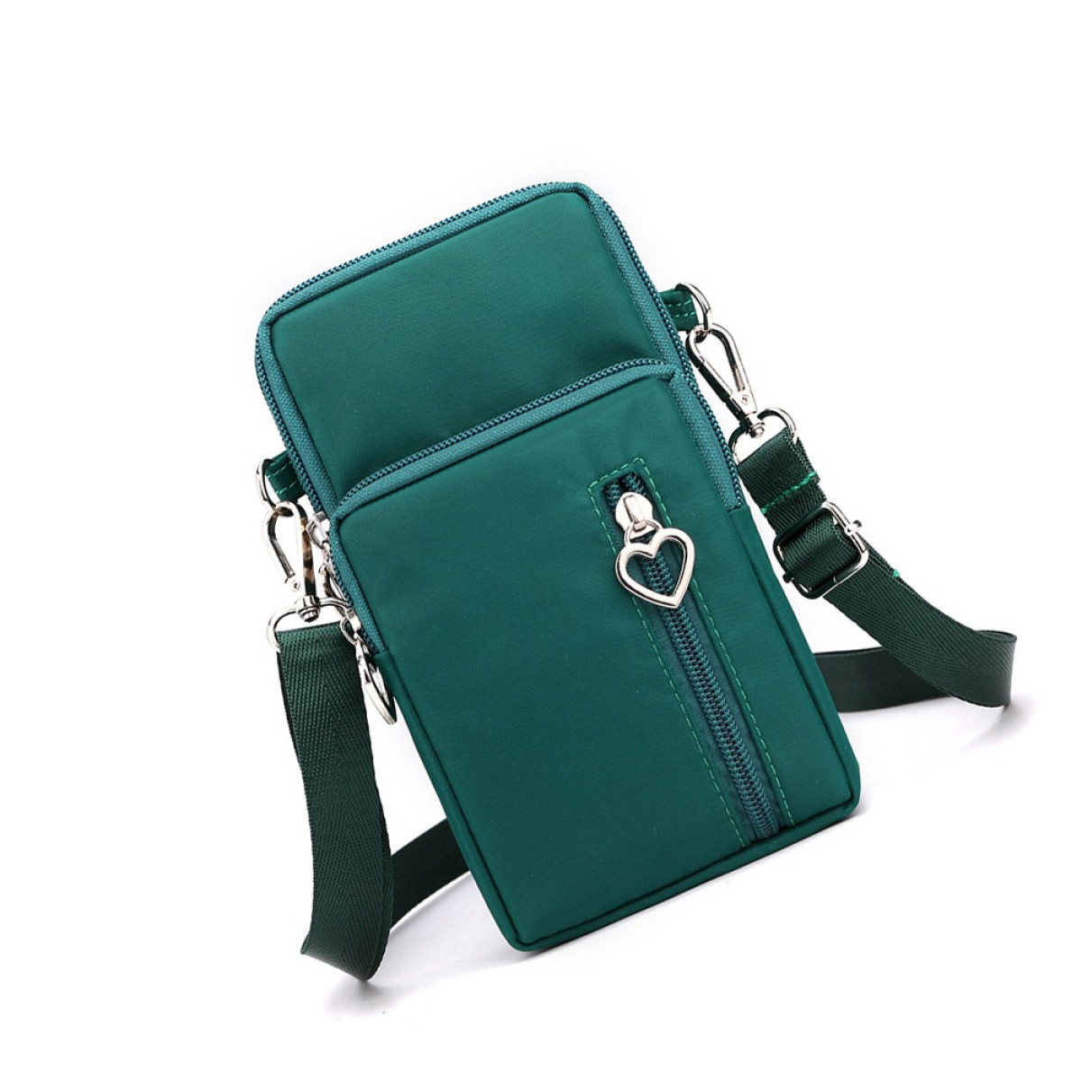 Głęboka zielona torba crossbody z zawieszką suwaka w kształcie serca.