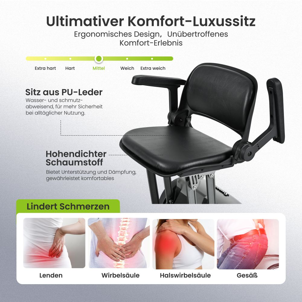Asiento de cuero PU negro con espuma, muestra áreas de dolor corporal: lumbares, columna, cuello, caderas.