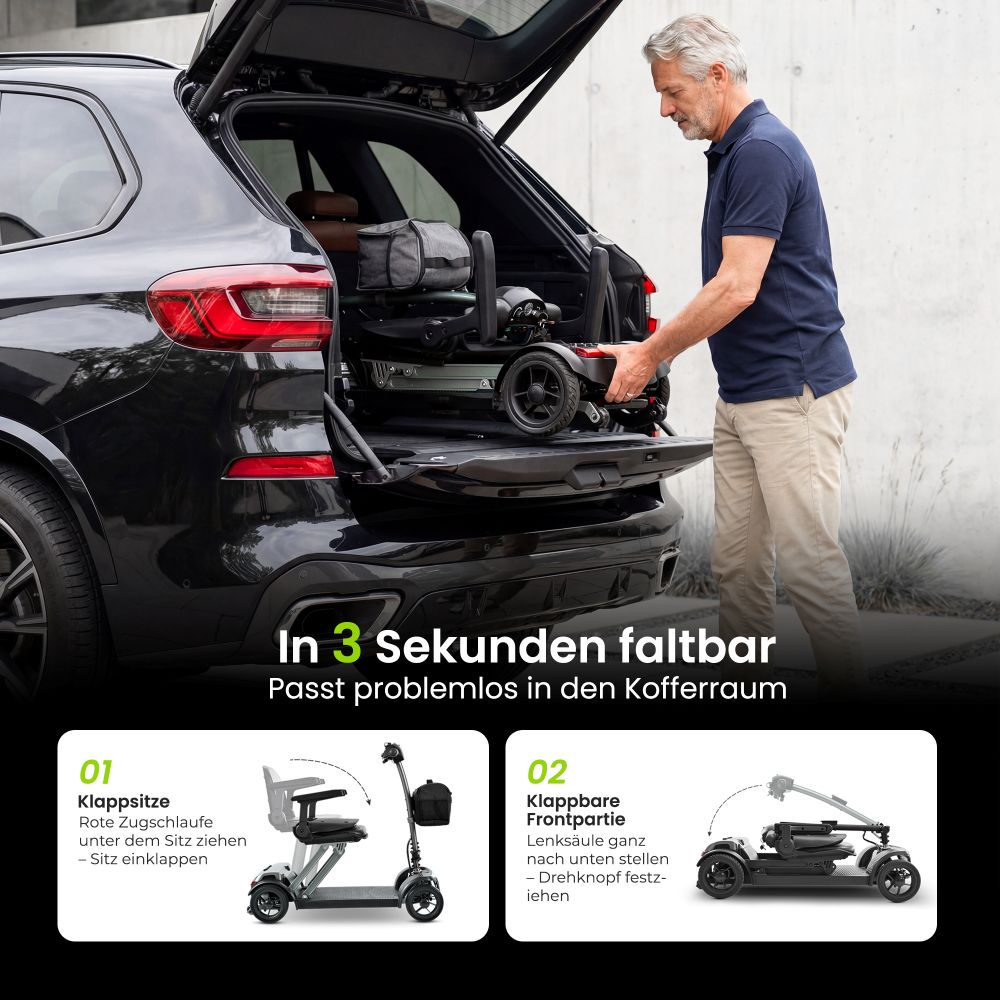 Hombre carga un patinete eléctrico plegable en el maletero de un coche.