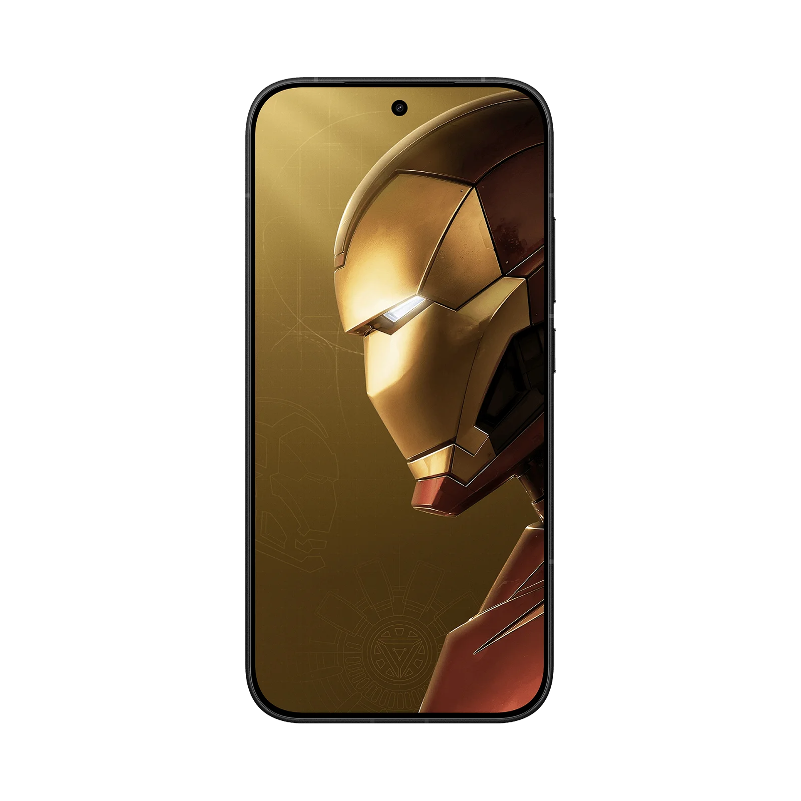 Nahaufnahme des goldenen Helms von Iron Man mit leuchtenden Augen auf gelbem Hintergrund.