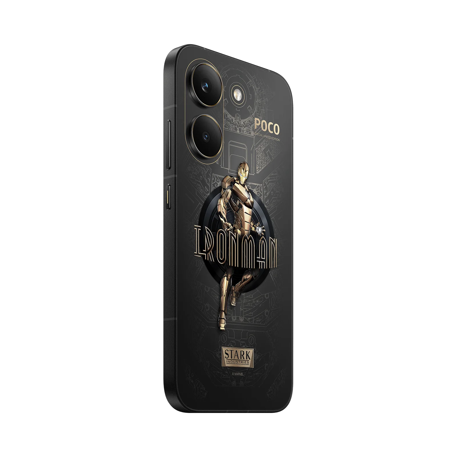 Schwarzes Handy mit Ironman-Motiv und POCO-Logo. Details in Gold.