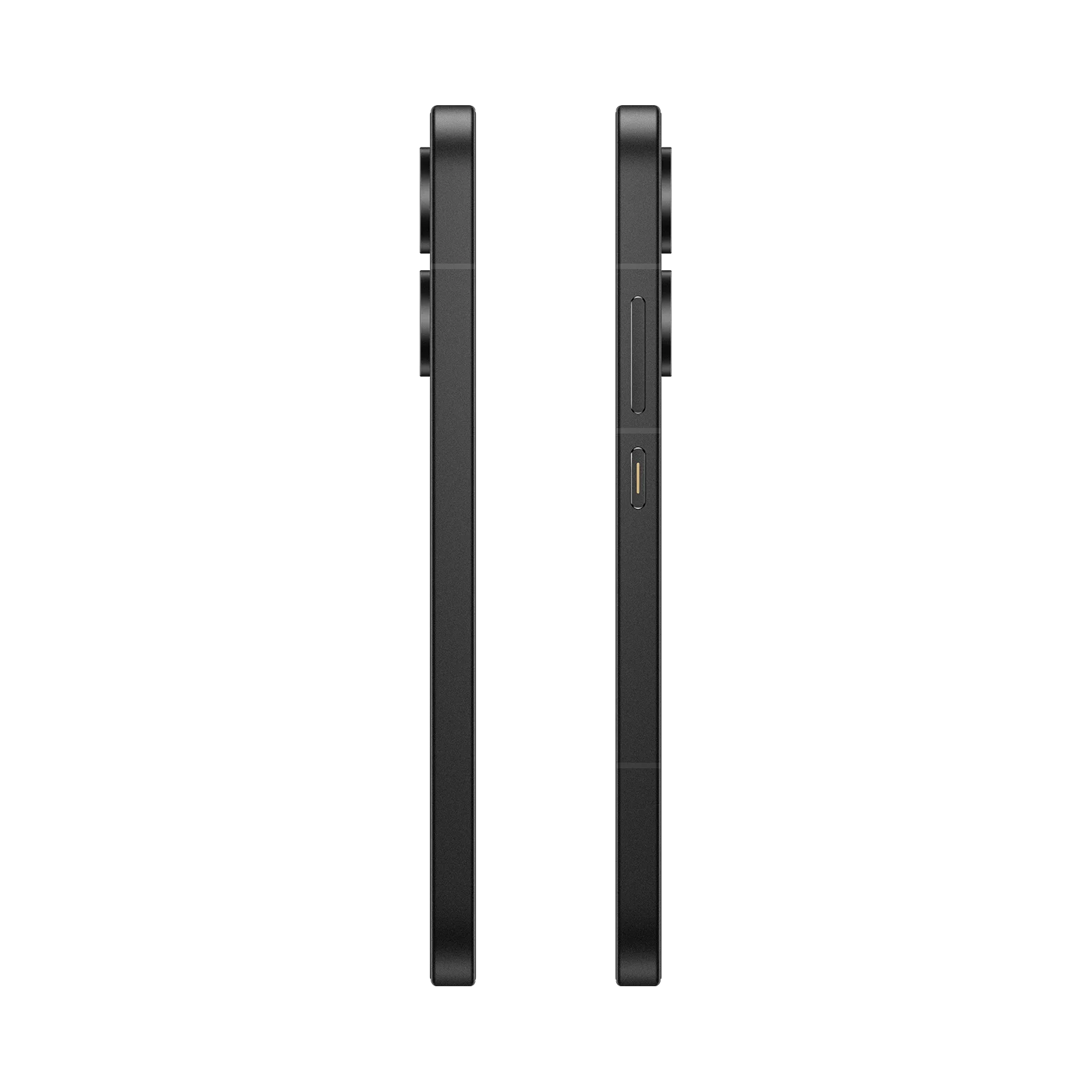 Zwei schwarze Smartphones im Profil auf schwarzem Hintergrund.