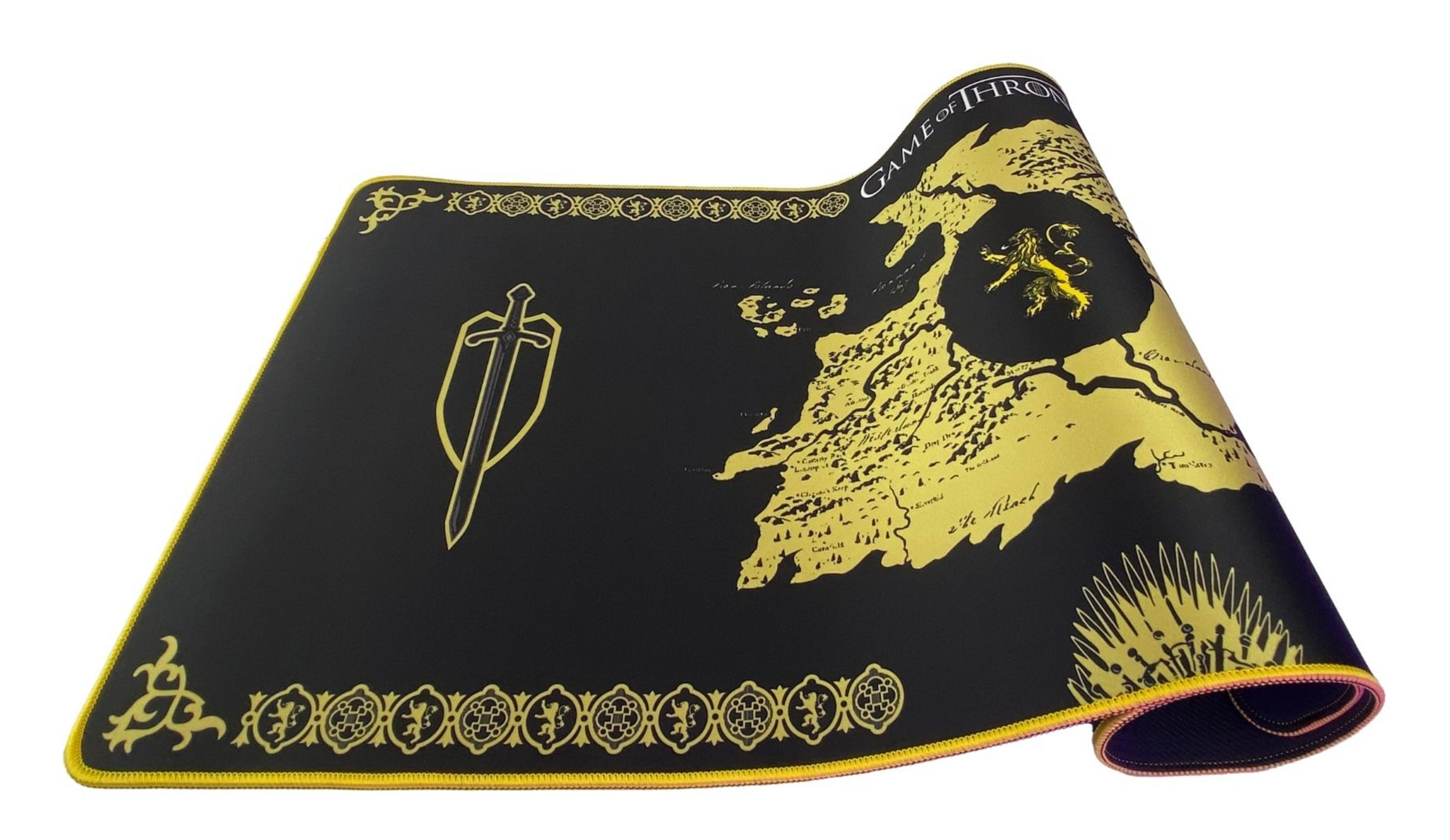 Tappetino mouse nero con mappa dorata di Game of Thrones, spada, leone e Trono di Spade.
