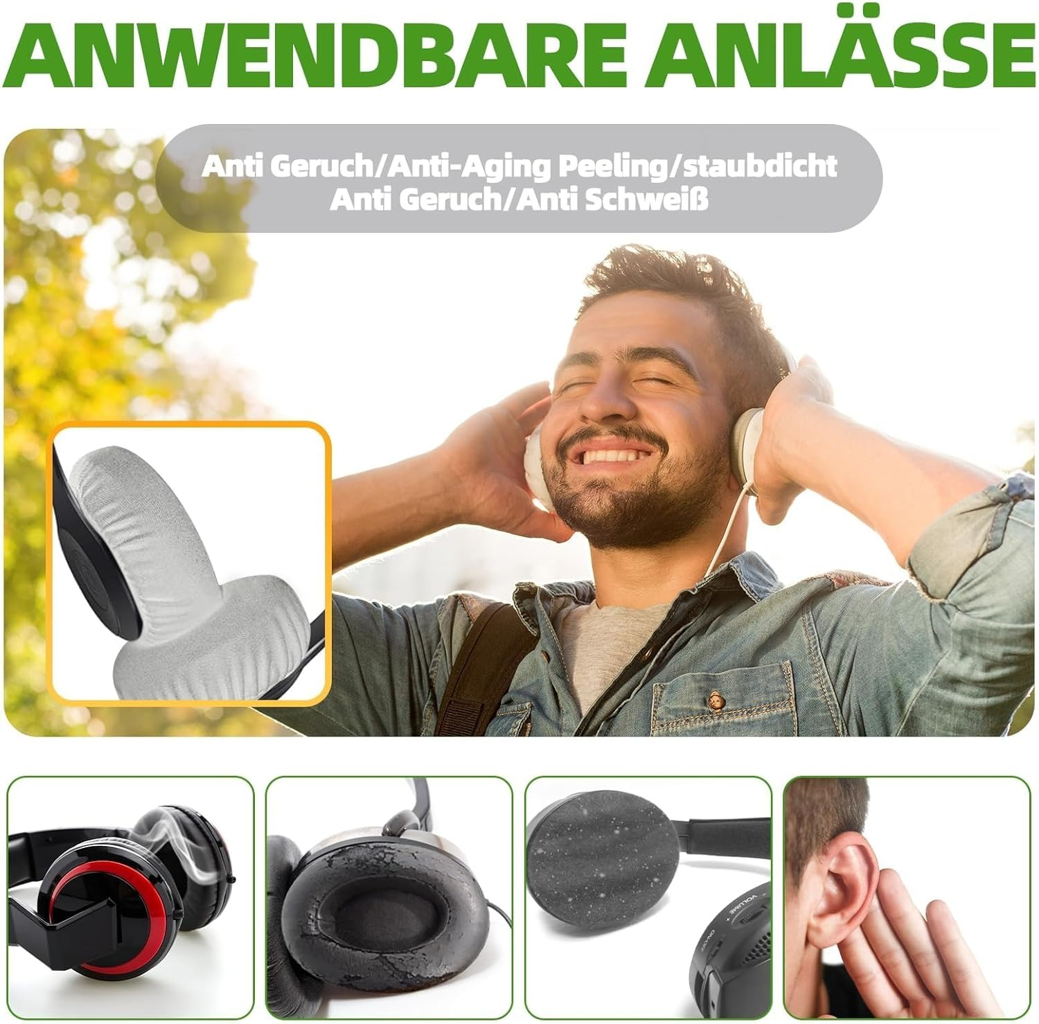 Mann hört Musik mit Kopfhörern, Details von Kopfhörern.