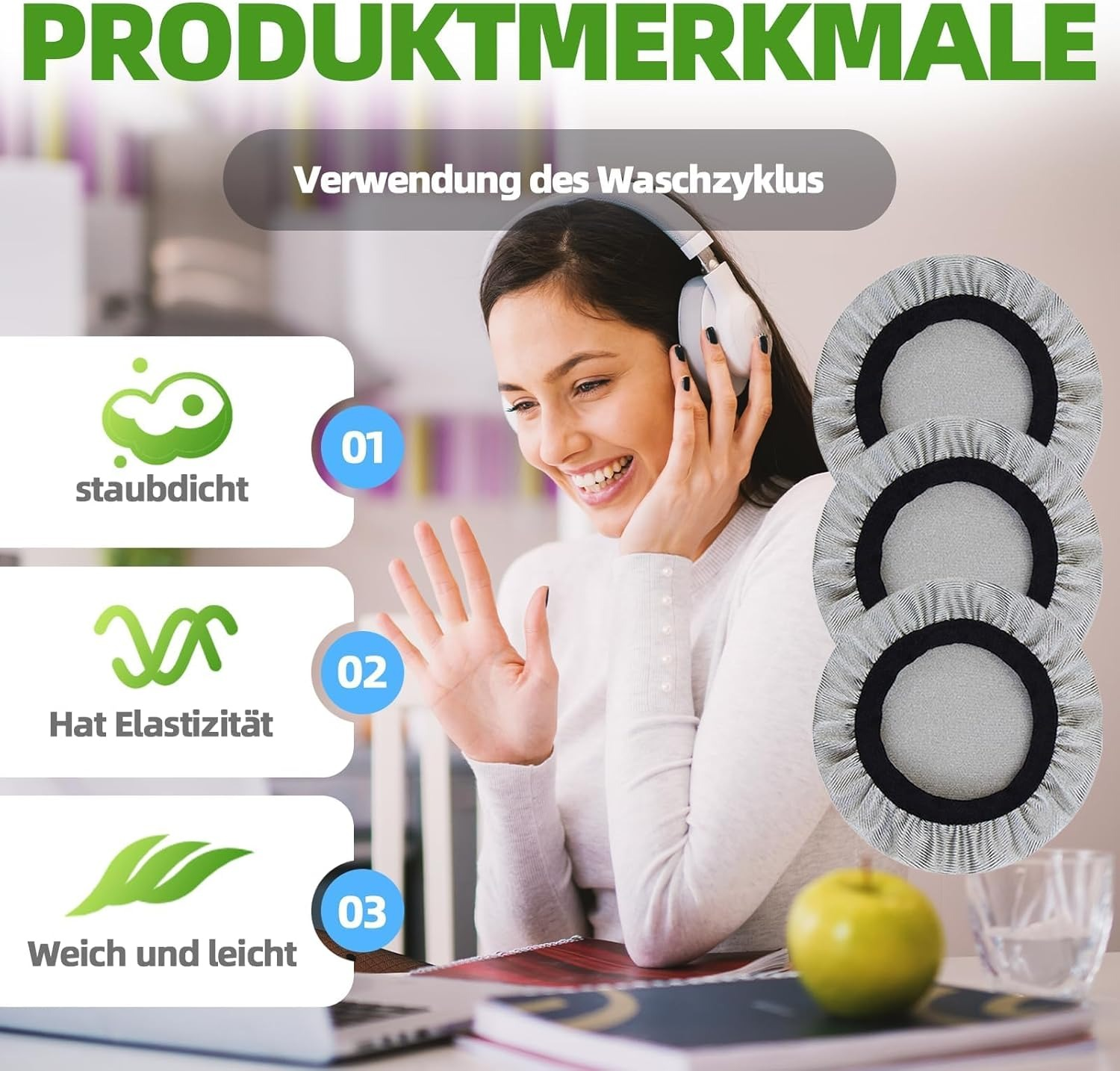 Frau mit Kopfhörern, auf dem Tisch liegen 3 Stoffabdeckungen, ein Apfel und ein Glas Wasser.